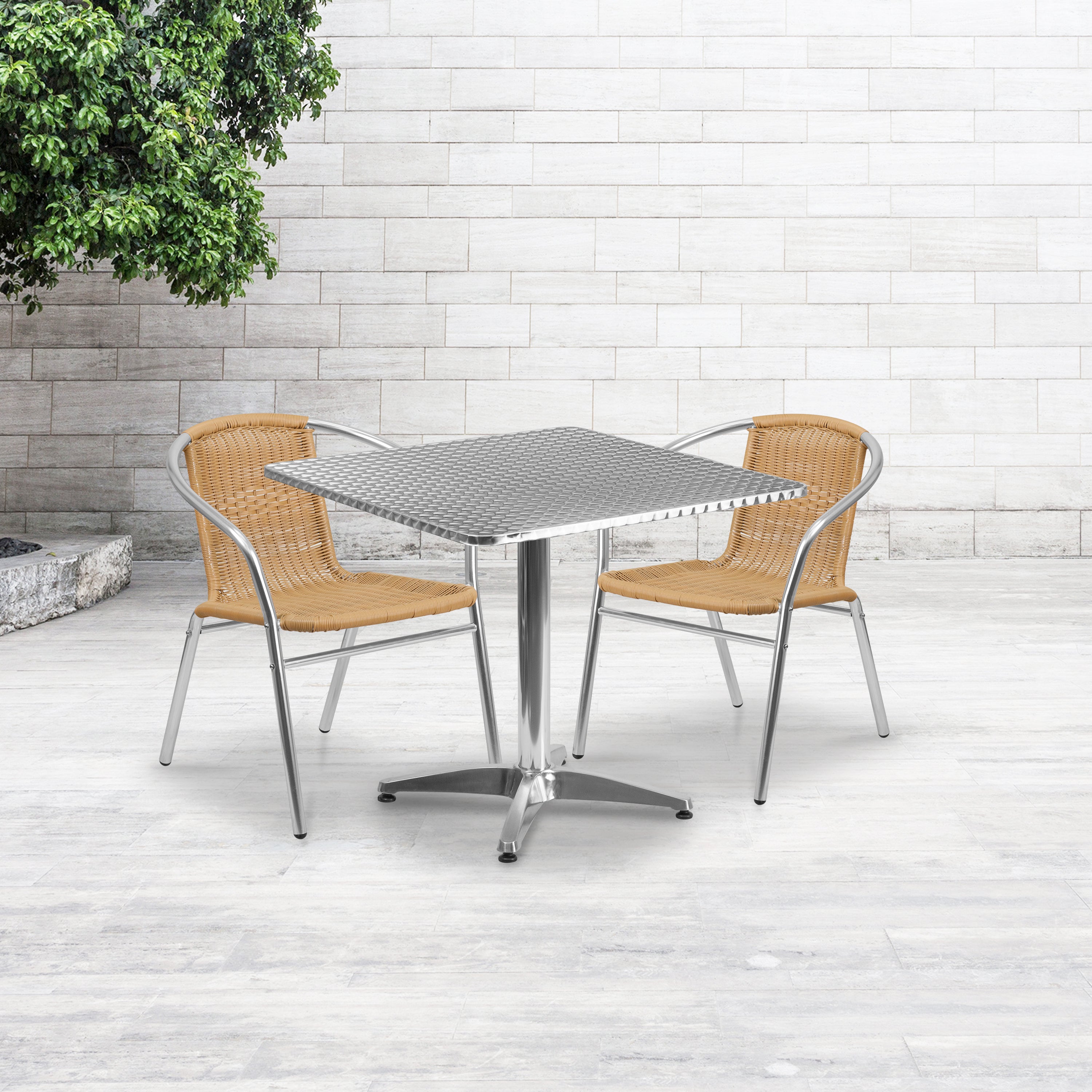 Lila 31.5'' Square Aluminum Indoor-Outdoor Table Set with 2 Rattan Chairs-Indoor/Outdoor Dining Sets-Flash Furniture-Wall2Wall Furnishings