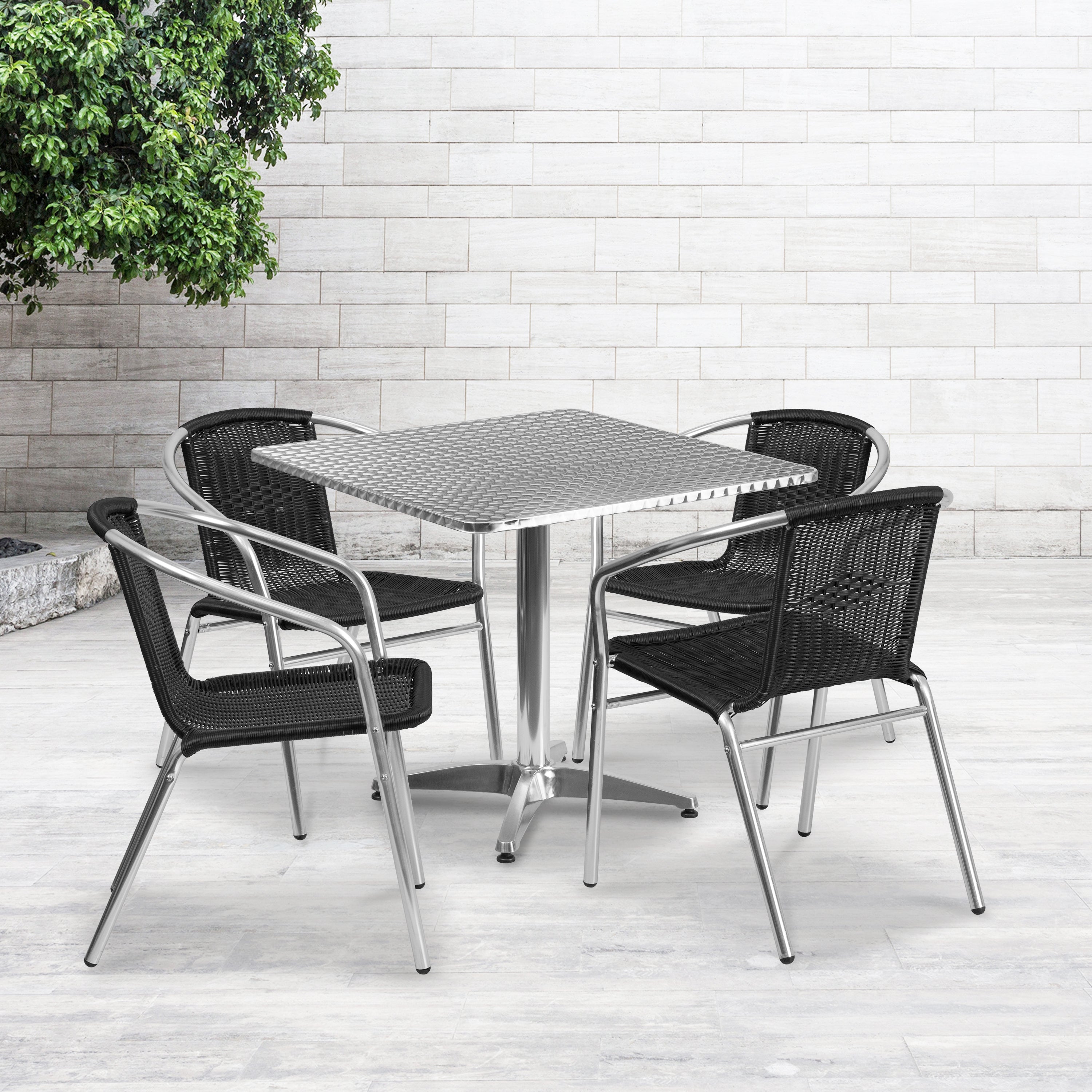 Lila 31.5'' Square Aluminum Indoor-Outdoor Table Set with 4 Rattan Chairs-Indoor/Outdoor Dining Sets-Flash Furniture-Wall2Wall Furnishings