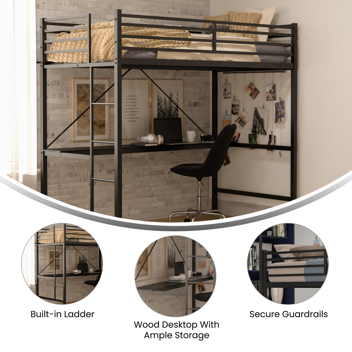 Jake Metal Loft Bed Frame with Desk, Protective Guard Rails and Ladder for Kids, Teens and Adults