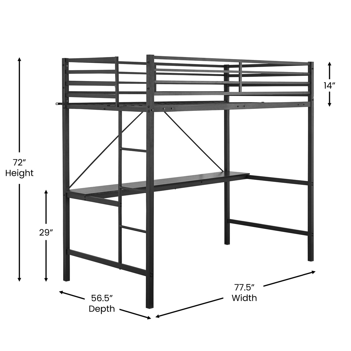 Jake Metal Loft Bed Frame with Desk, Protective Guard Rails and Ladder for Kids, Teens and Adults