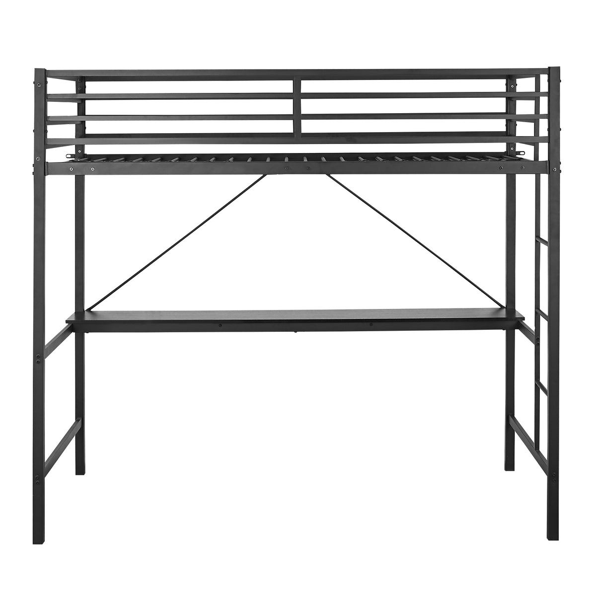 Jake Metal Loft Bed Frame with Desk, Protective Guard Rails and Ladder for Kids, Teens and Adults