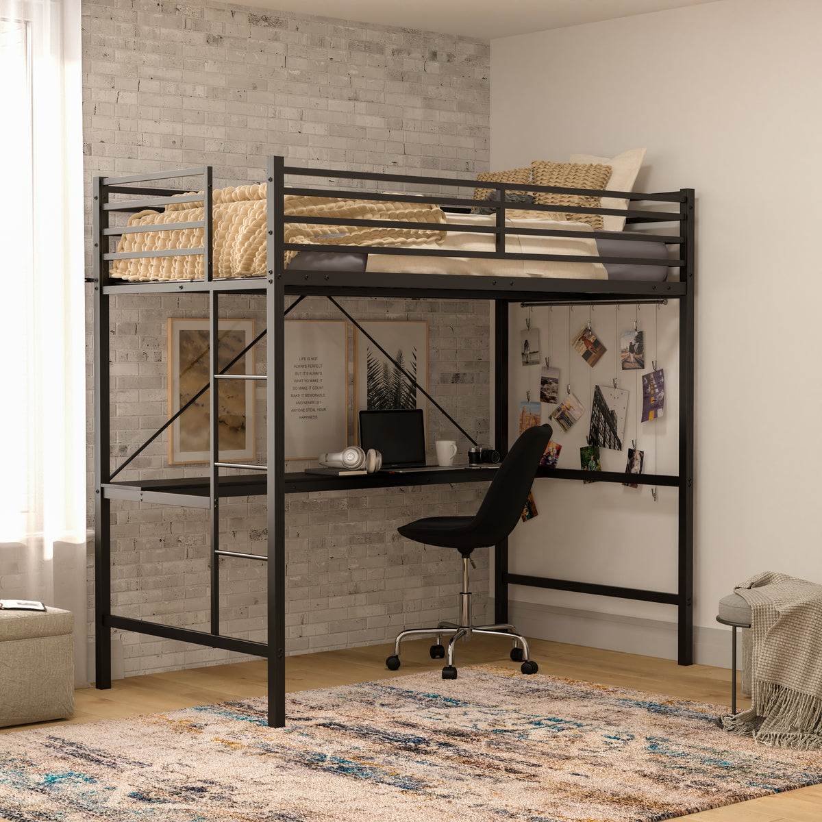 Jake Metal Loft Bed Frame with Desk, Protective Guard Rails and Ladder for Kids, Teens and Adults