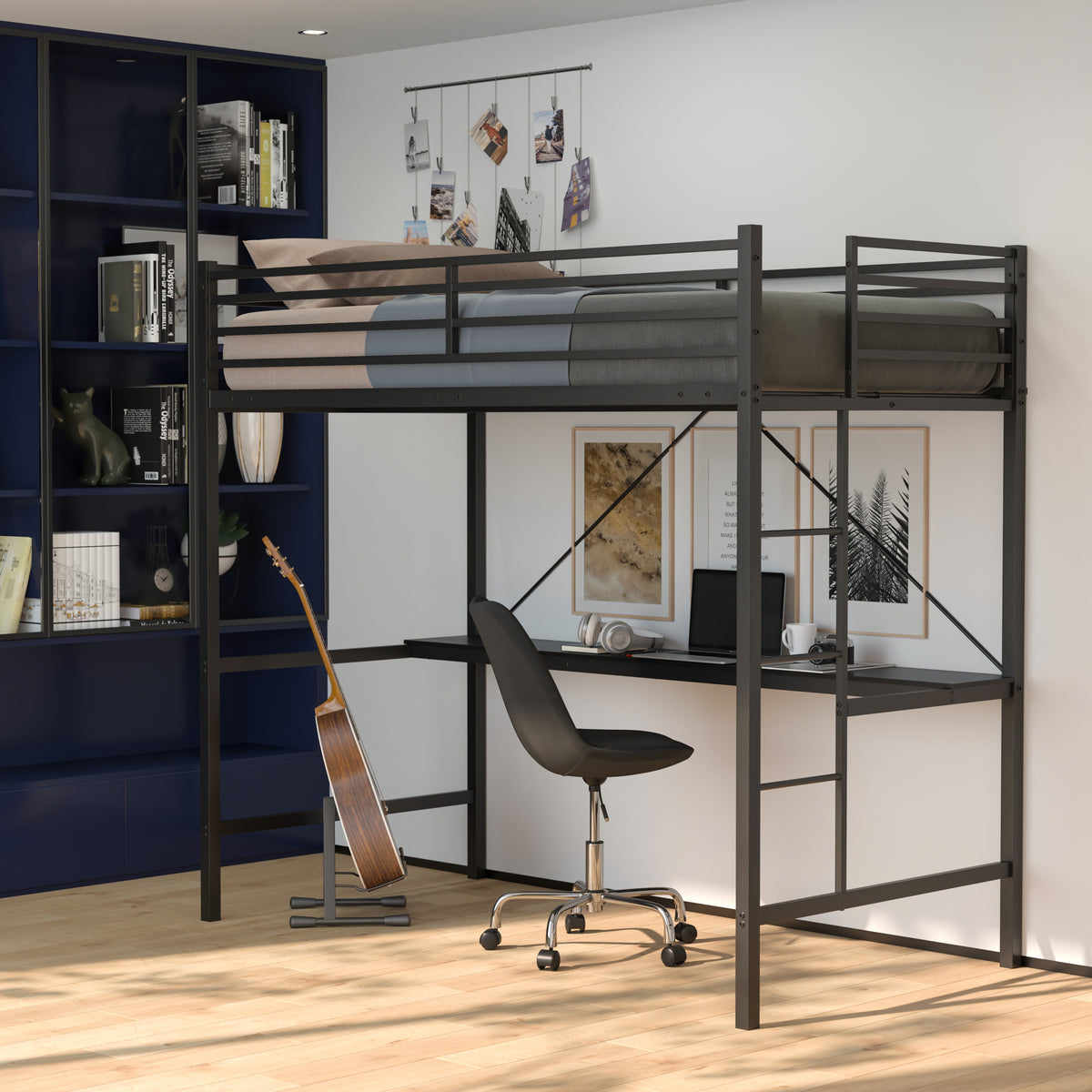 Jake Metal Loft Bed Frame with Desk, Protective Guard Rails and Ladder for Kids, Teens and Adults