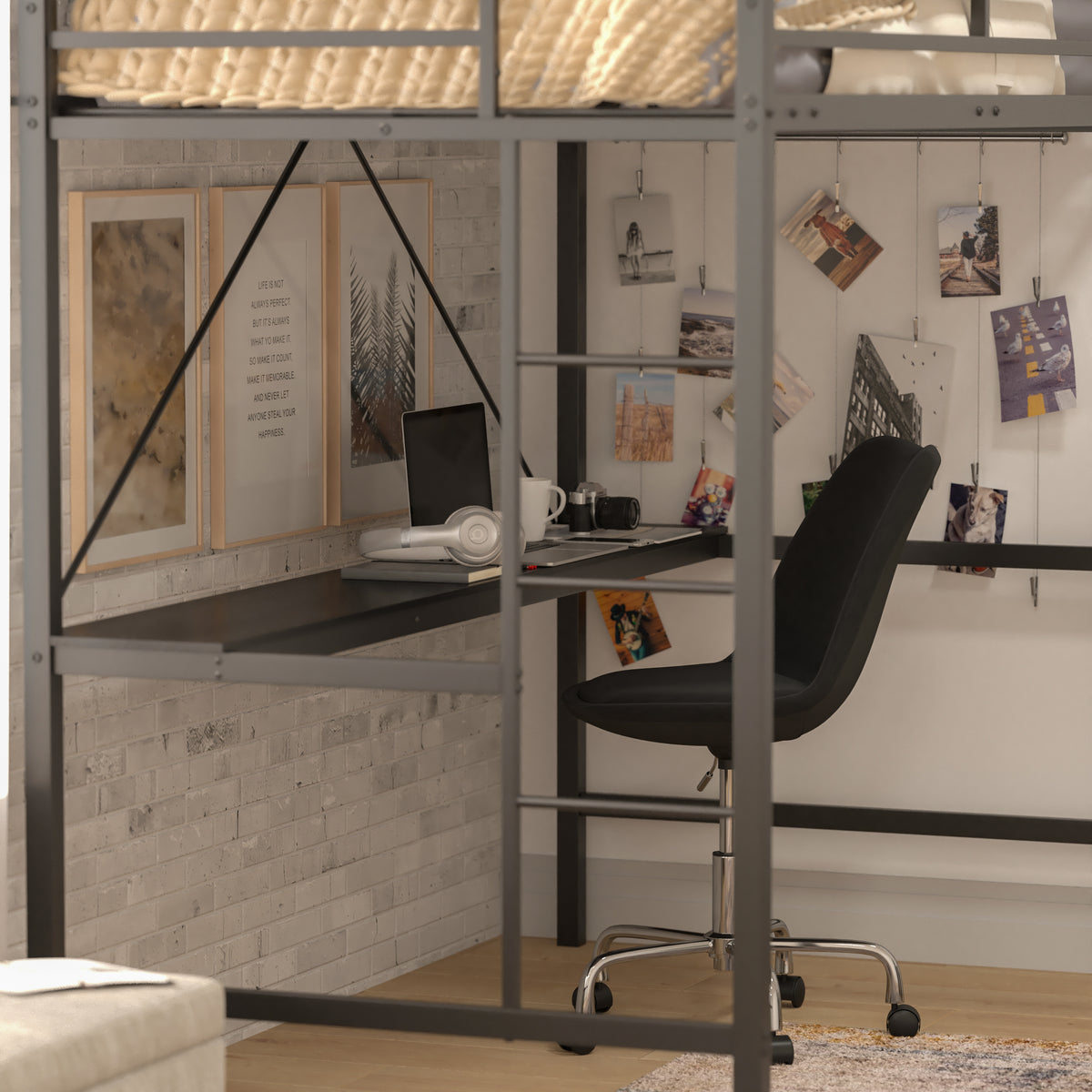 Jake Metal Loft Bed Frame with Desk, Protective Guard Rails and Ladder for Kids, Teens and Adults