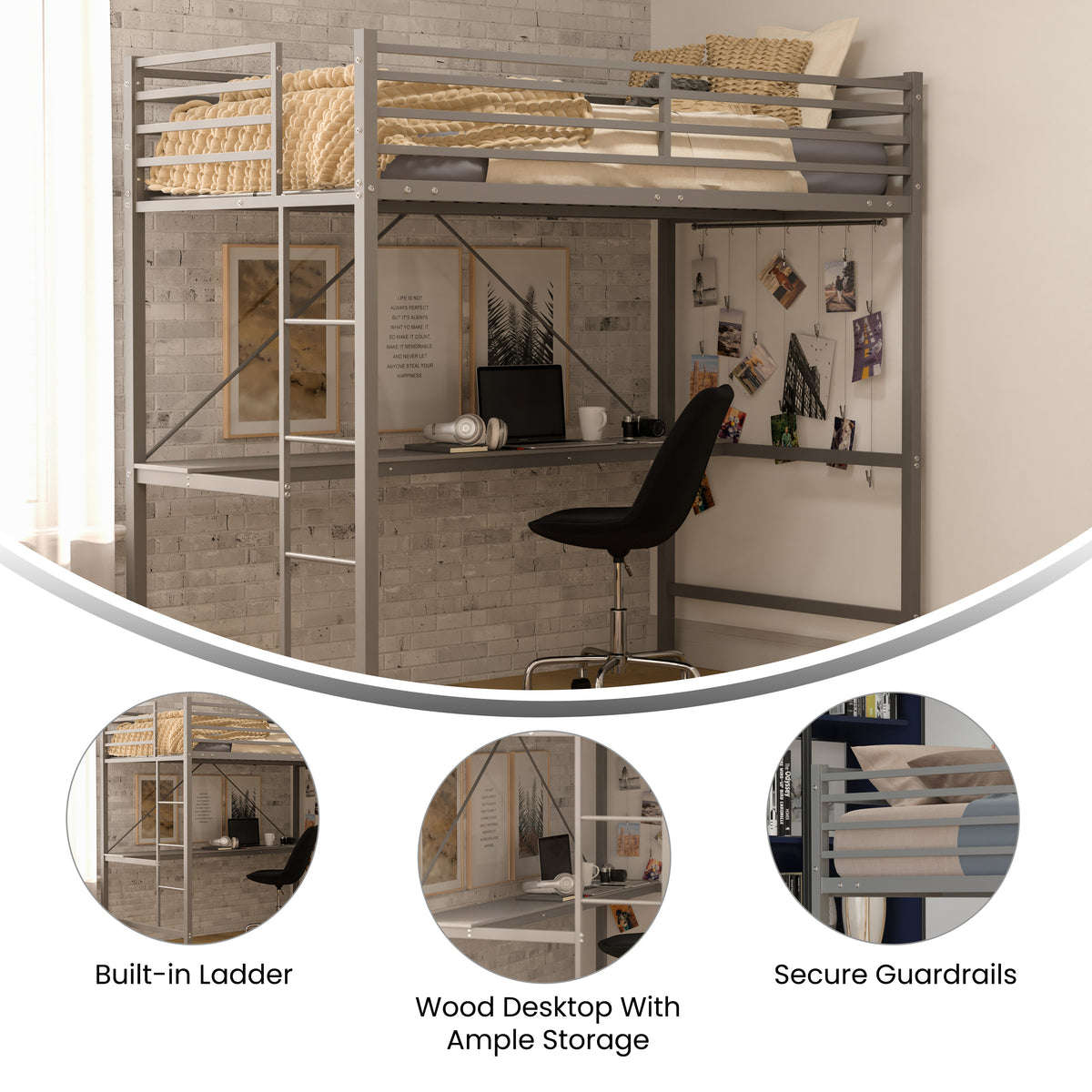 Jake Metal Loft Bed Frame with Desk, Protective Guard Rails and Ladder for Kids, Teens and Adults