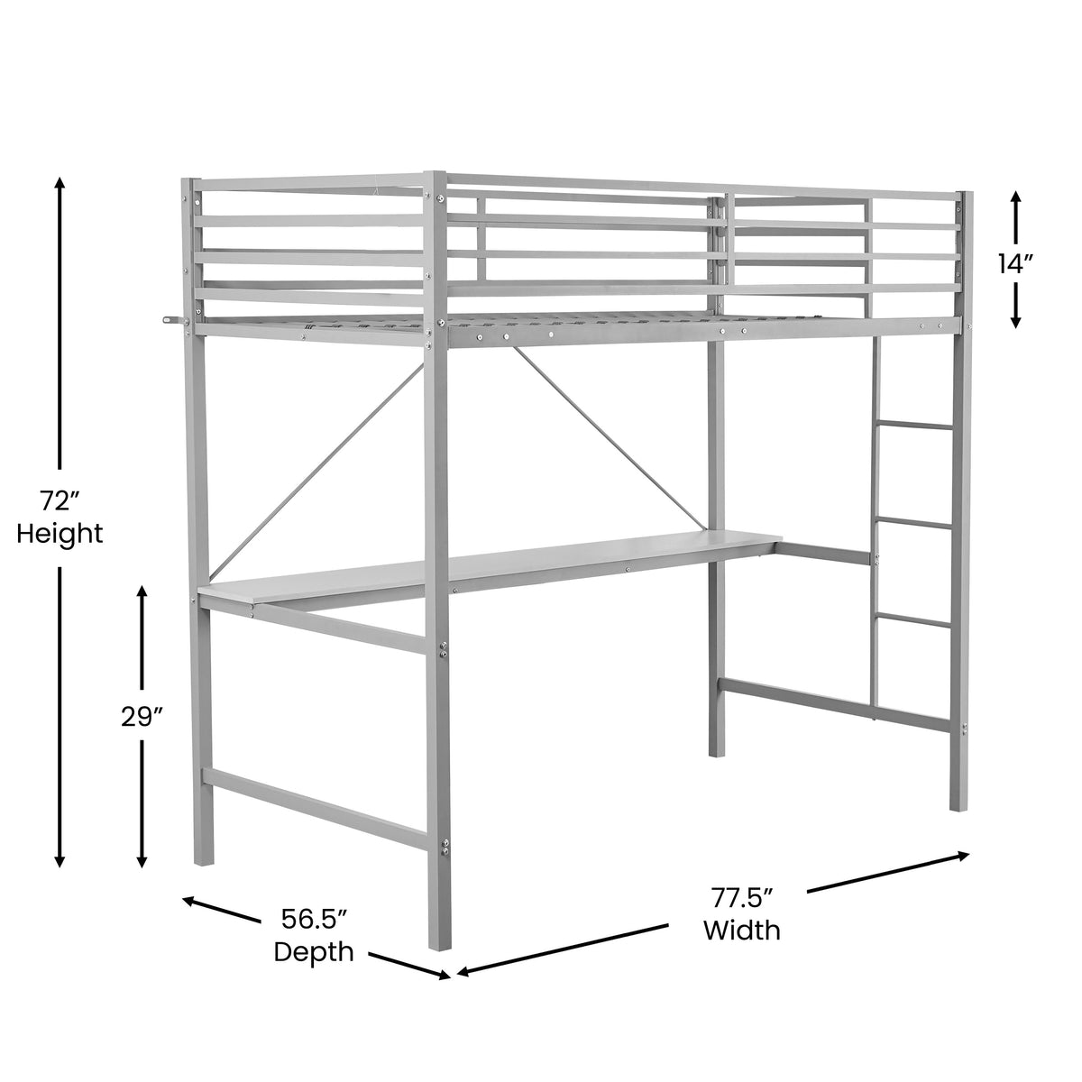 Jake Metal Loft Bed Frame with Desk, Protective Guard Rails and Ladder for Kids, Teens and Adults