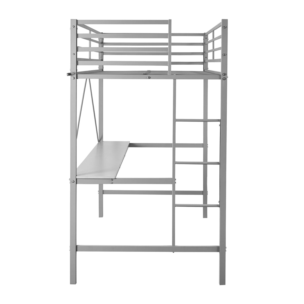Jake Metal Loft Bed Frame with Desk, Protective Guard Rails and Ladder for Kids, Teens and Adults