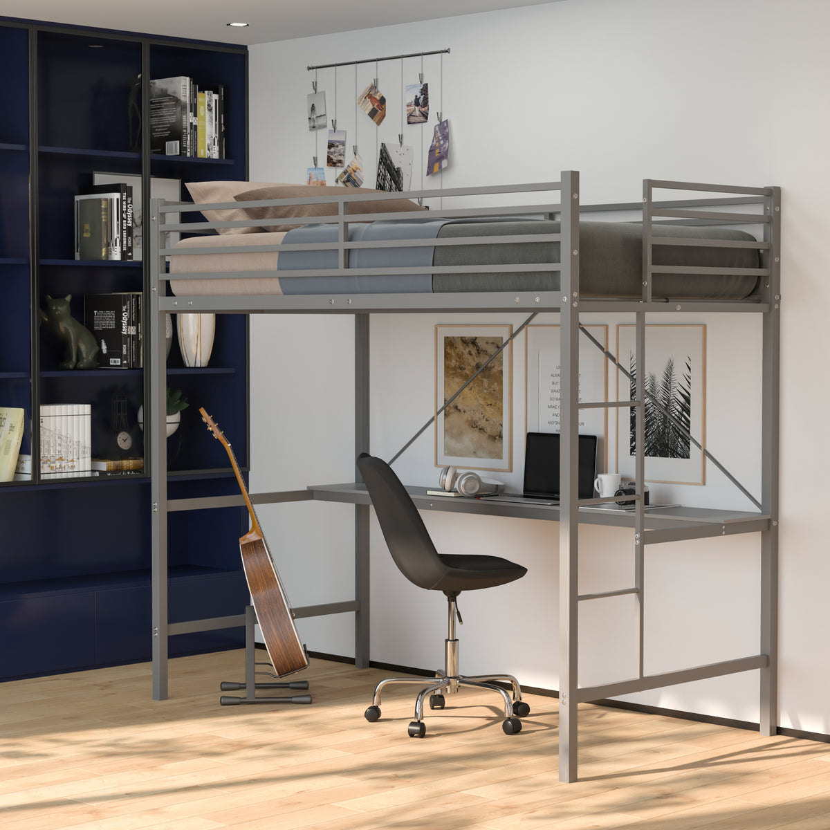 Jake Metal Loft Bed Frame with Desk, Protective Guard Rails and Ladder for Kids, Teens and Adults