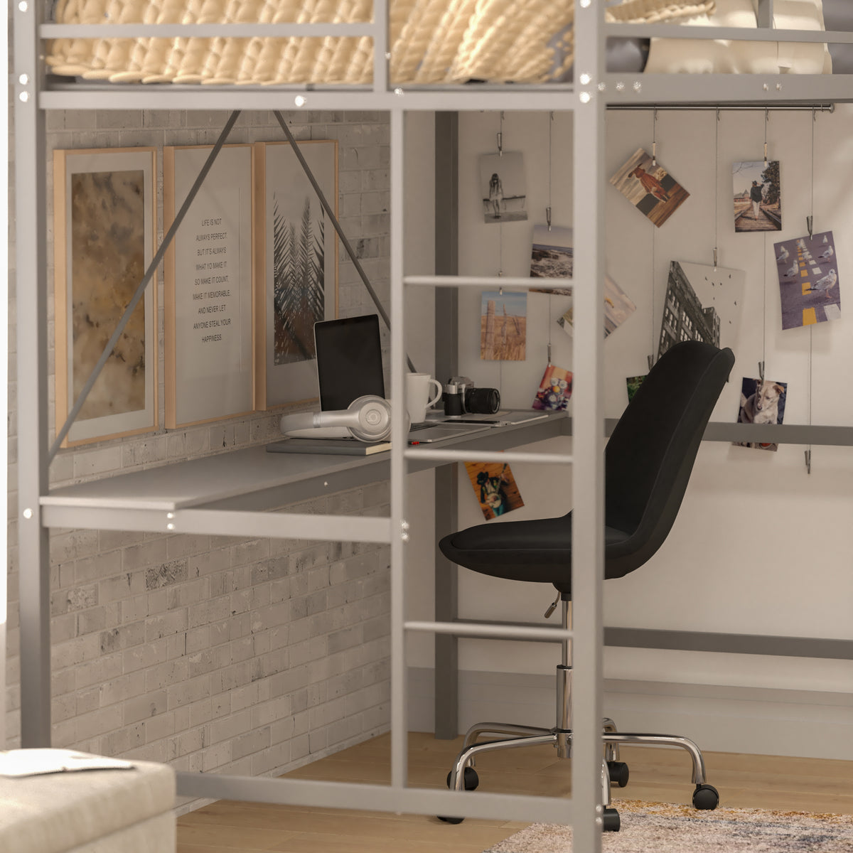 Jake Metal Loft Bed Frame with Desk, Protective Guard Rails and Ladder for Kids, Teens and Adults