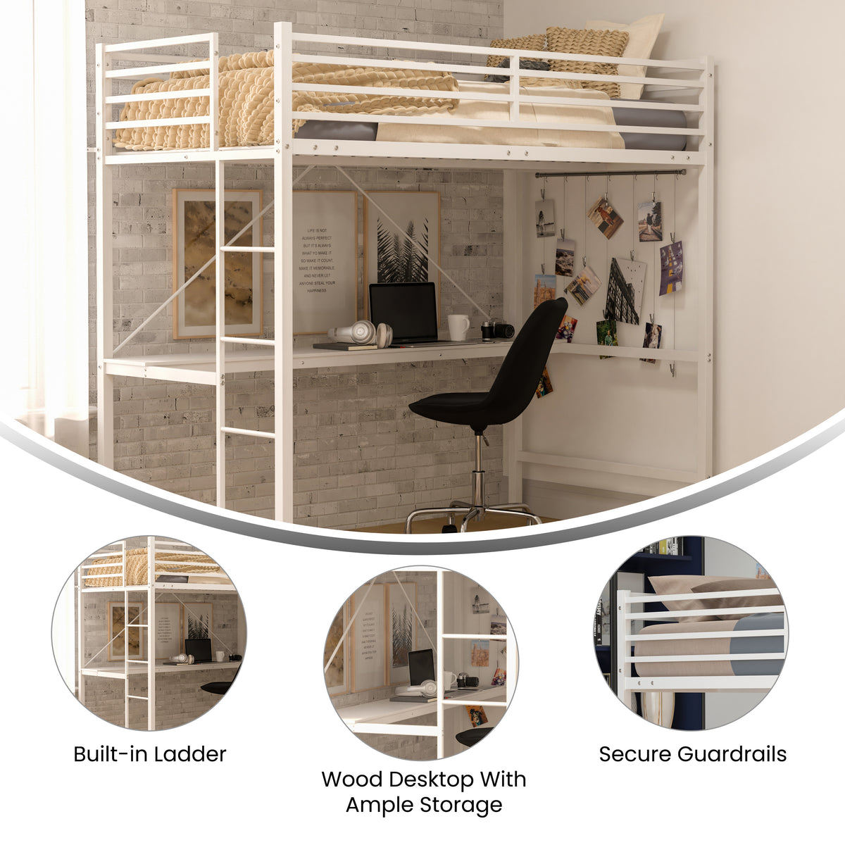 Jake Metal Loft Bed Frame with Desk, Protective Guard Rails and Ladder for Kids, Teens and Adults