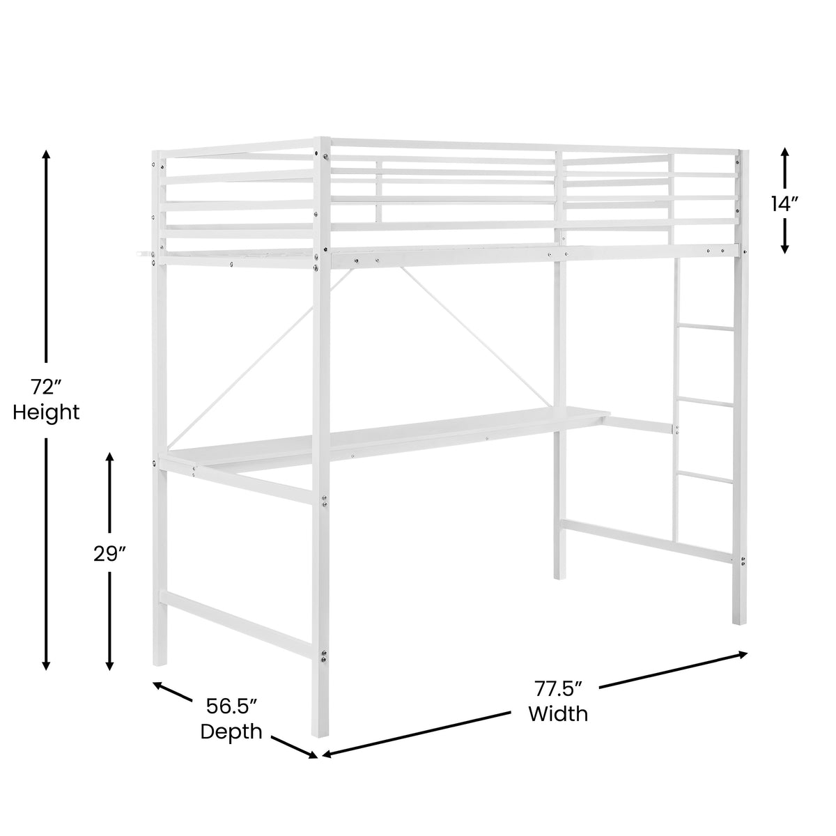 Jake Metal Loft Bed Frame with Desk, Protective Guard Rails and Ladder for Kids, Teens and Adults