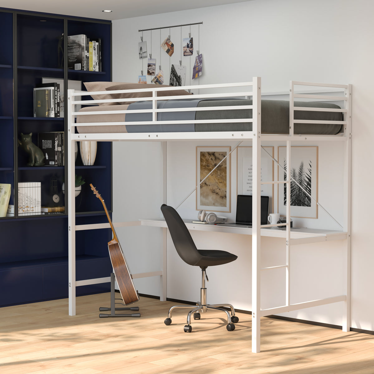 Jake Metal Loft Bed Frame with Desk, Protective Guard Rails and Ladder for Kids, Teens and Adults