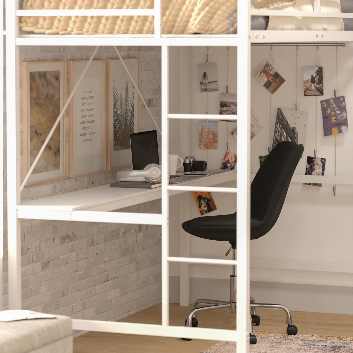 Jake Metal Loft Bed Frame with Desk, Protective Guard Rails and Ladder for Kids, Teens and Adults
