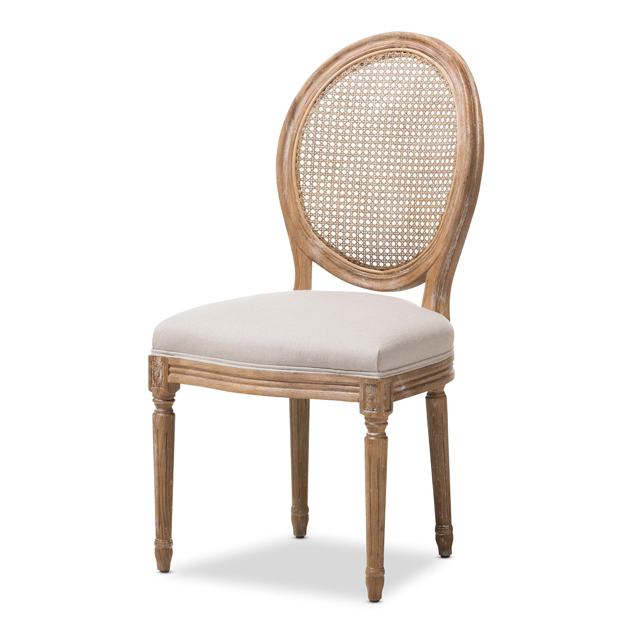 Adelia French Vintage Cottage Weathered Finish Wood and Fabric Upholstered Dining Side Chair with Round Cane Back