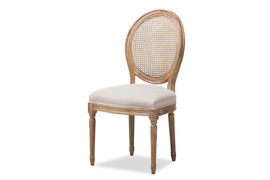Adelia French Vintage Cottage Weathered Finish Wood and Fabric Upholstered Dining Side Chair with Round Cane Back