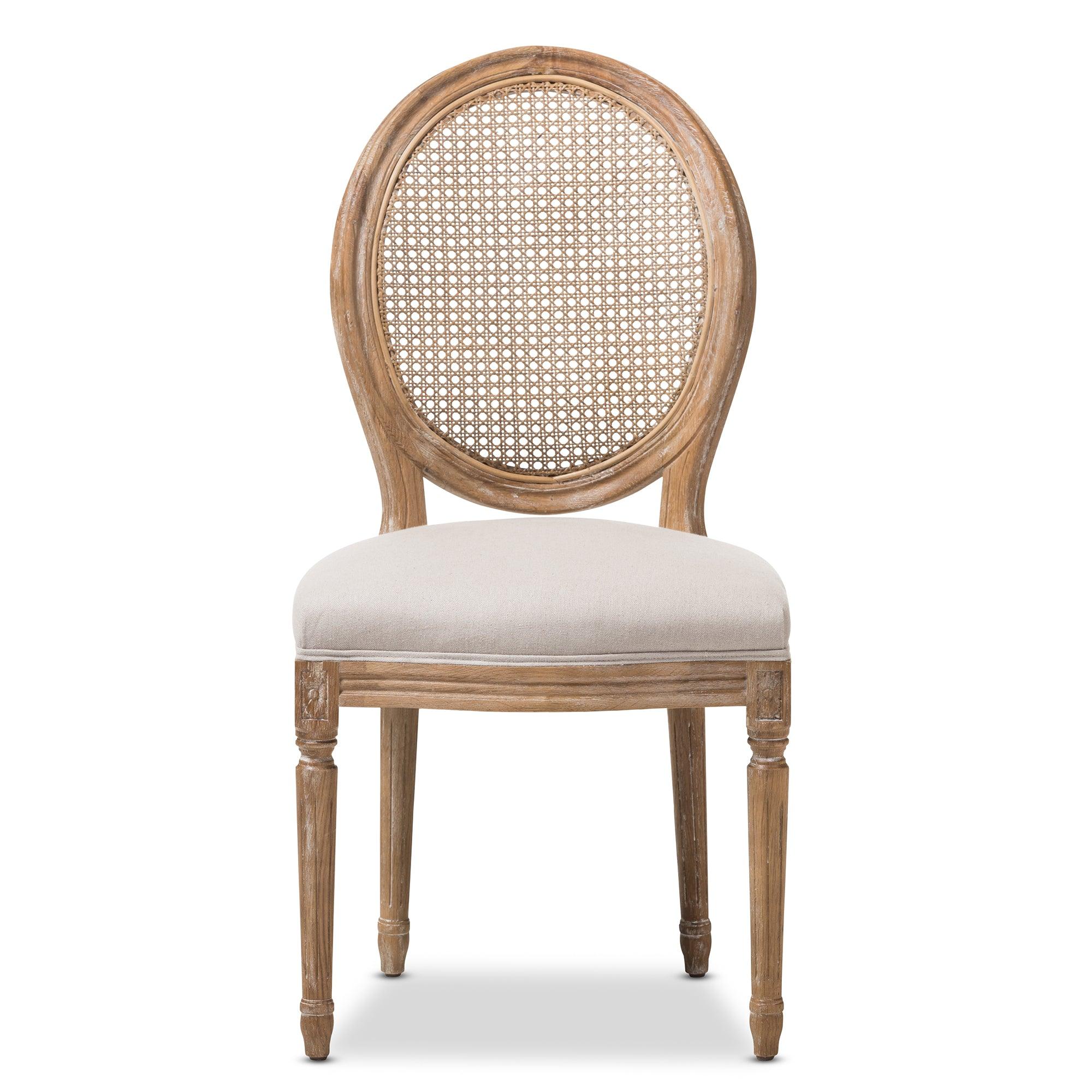 Adelia French Vintage Cottage Weathered Finish Wood and Fabric Upholstered Dining Side Chair with Round Cane Back
