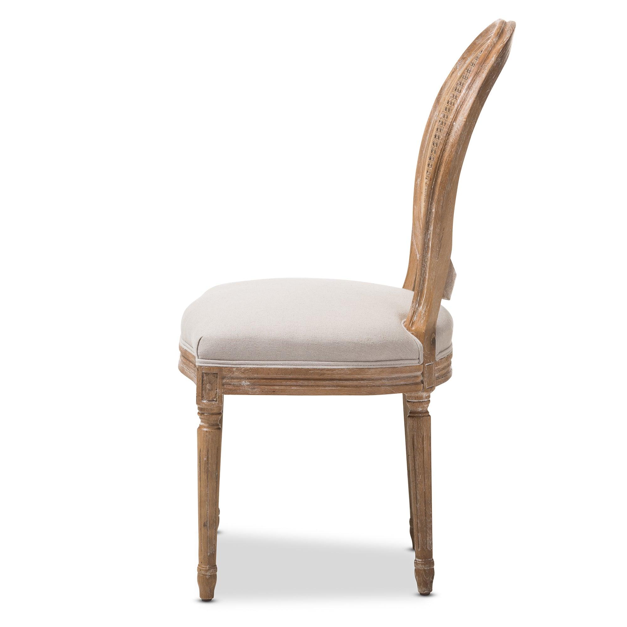 Adelia French Vintage Cottage Weathered Finish Wood and Fabric Upholstered Dining Side Chair with Round Cane Back