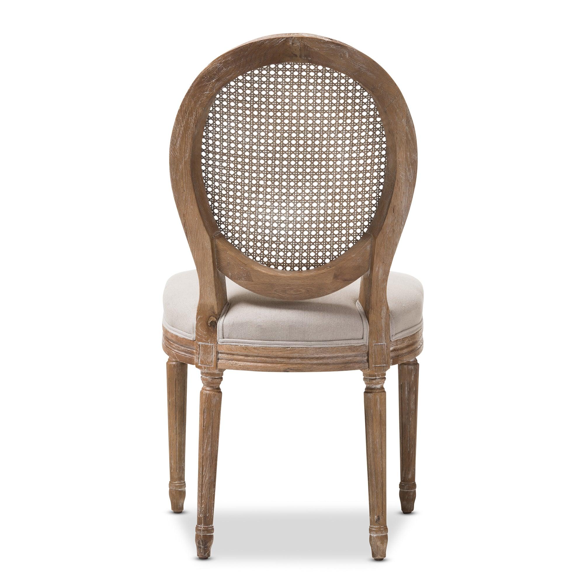 Adelia French Vintage Cottage Weathered Finish Wood and Fabric Upholstered Dining Side Chair with Round Cane Back