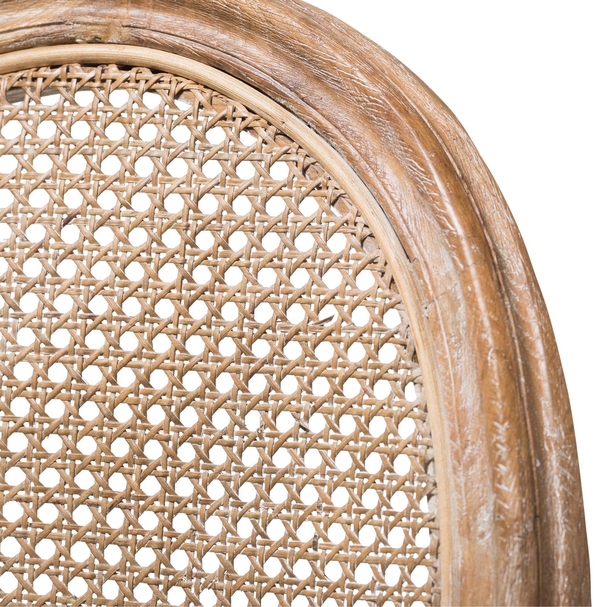 Adelia French Vintage Cottage Weathered Finish Wood and Fabric Upholstered Dining Side Chair with Round Cane Back