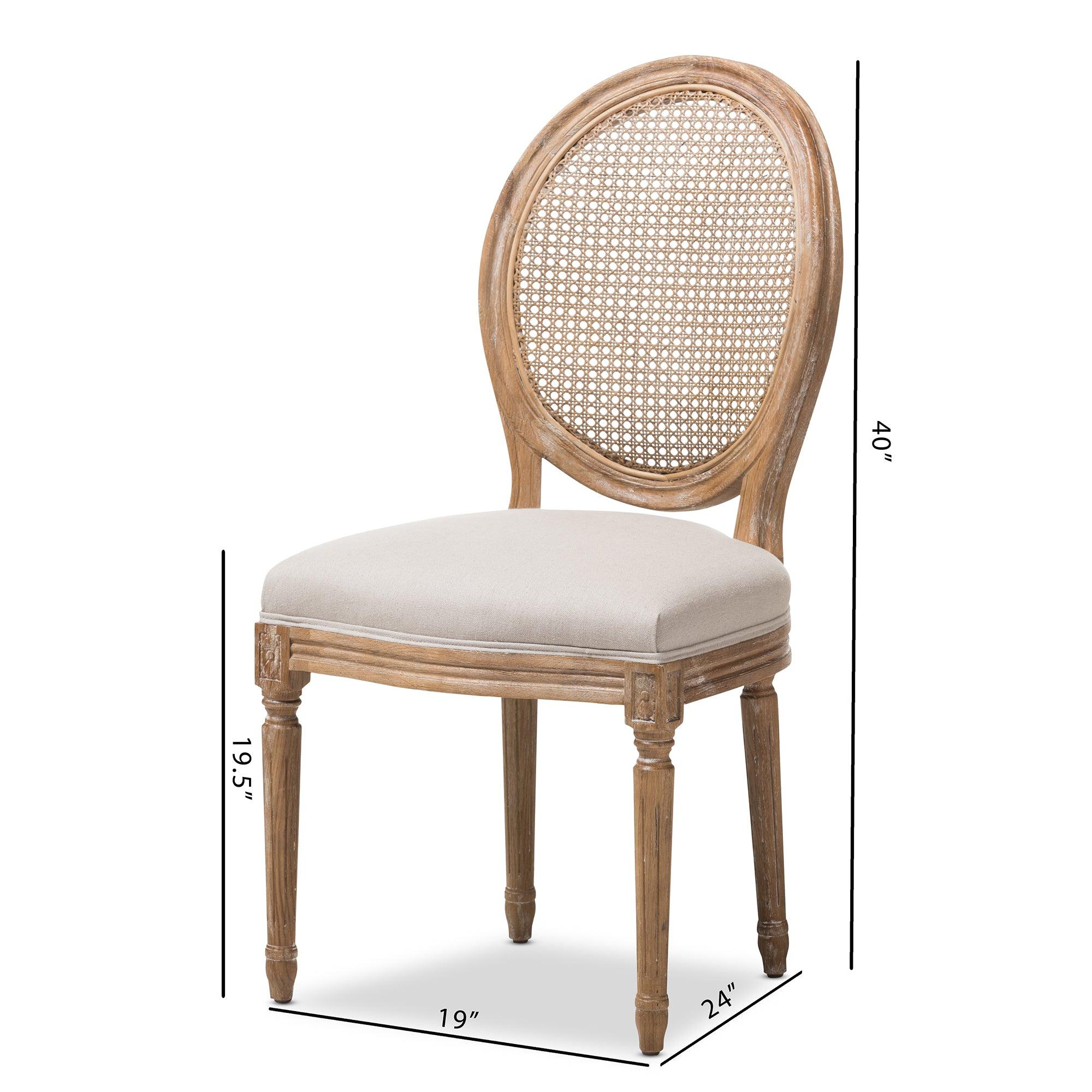 Adelia French Vintage Cottage Weathered Finish Wood and Fabric Upholstered Dining Side Chair with Round Cane Back