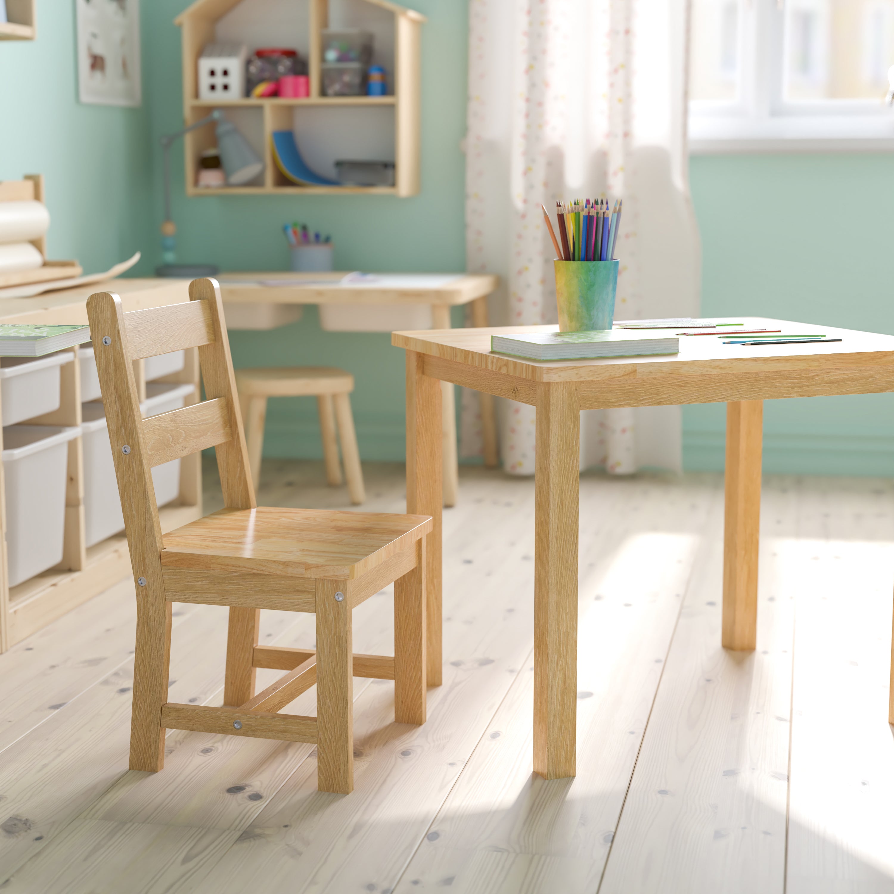 Kids Solid Hardwood Table and Chair Set for Playroom, Bedroom, Kitchen - 3 Piece Set-Square Activity Table Set-Flash Furniture-Wall2Wall Furnishings