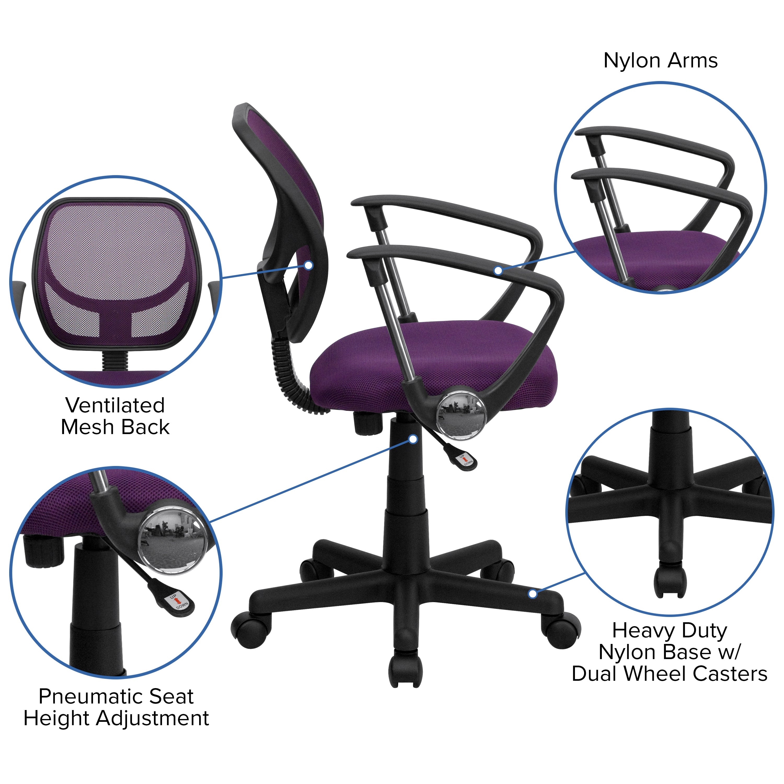 Low Back Mesh Swivel Task Office Chair with Curved Square Back and Arms