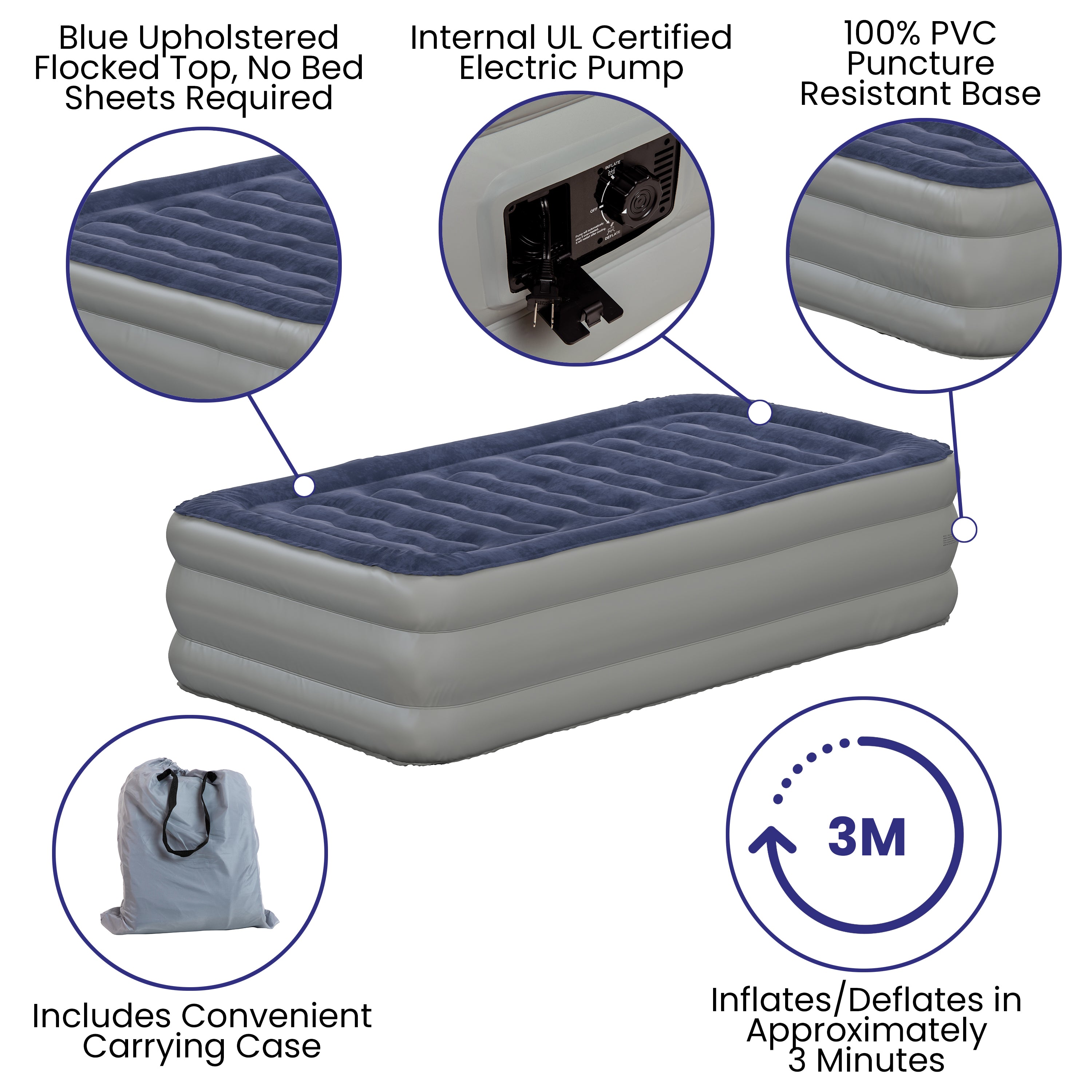 18 inch Air Mattress with ETL Certified Internal Electric Pump and Carrying Case