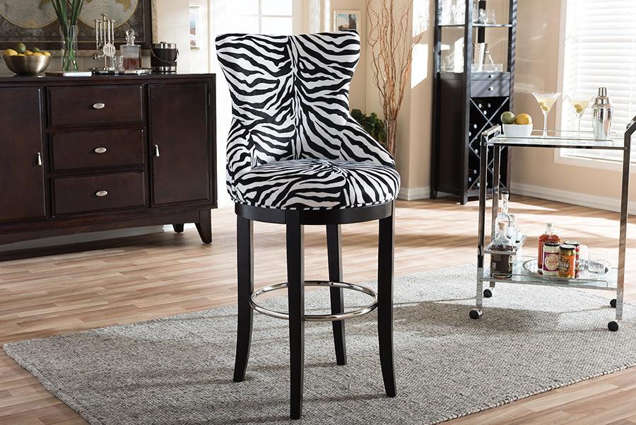 Peace Modern and Contemporary Zebra-print Patterned Fabric Upholstered Bar Stool with Metal Footrest