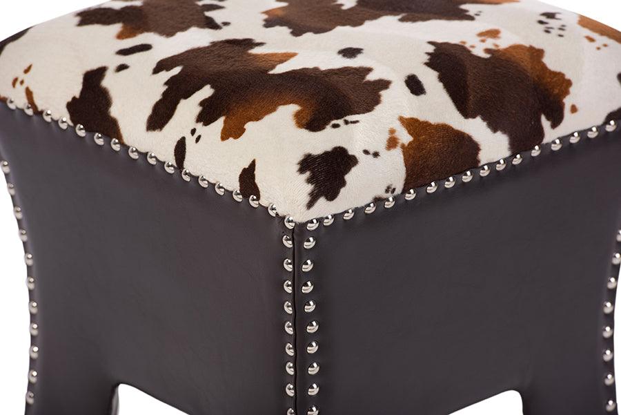 Sally Modern and Contemporary Cow-print Patterned Fabric Faux Leather Upholstered Accent Stool with Nail heads