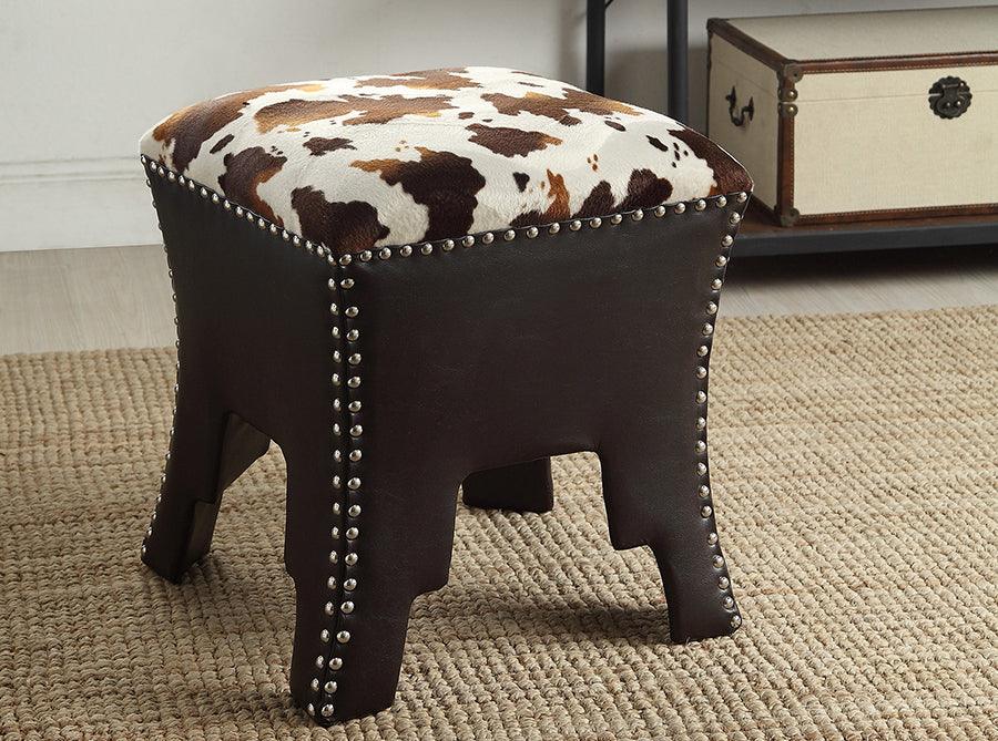 Sally Modern and Contemporary Cow-print Patterned Fabric Faux Leather Upholstered Accent Stool with Nail heads