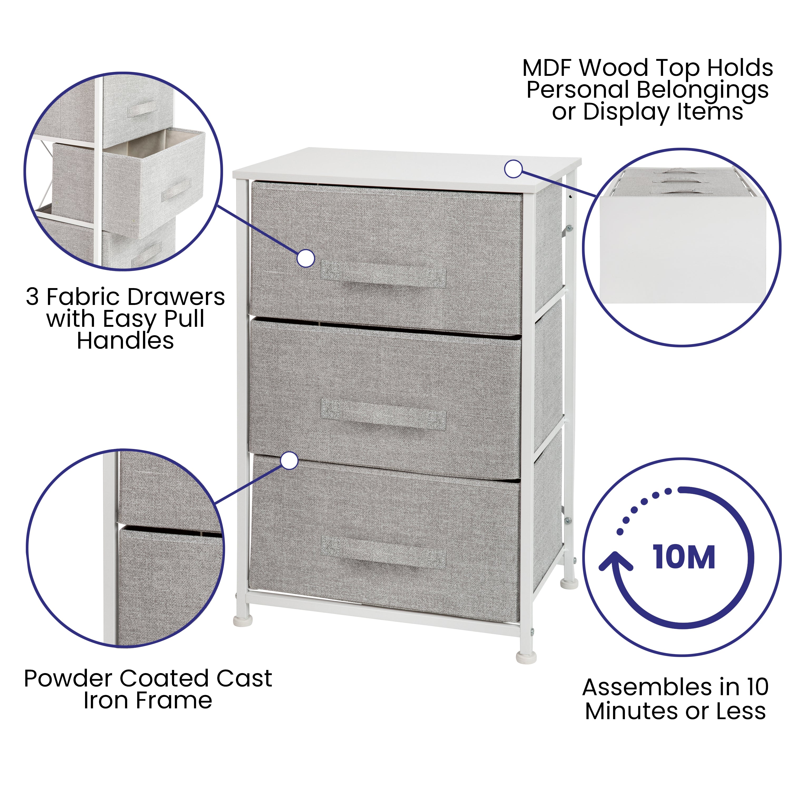 3 Drawer Wood Top Cast Iron Frame Vertical Storage Dresser with Easy Pull Fabric Drawers-Dresser-Flash Furniture-Wall2Wall Furnishings