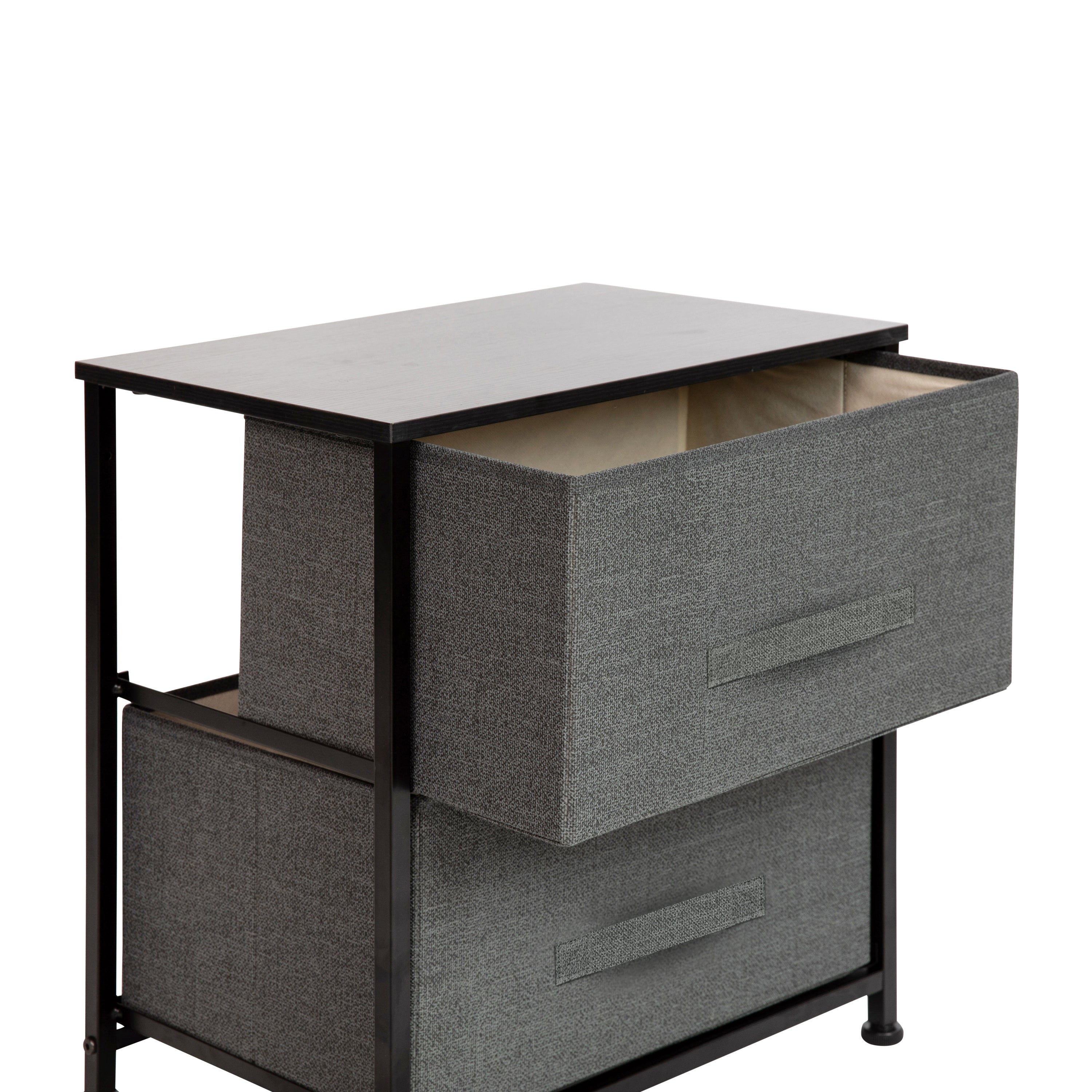 2 Drawer Wood Top Nightstand Storage Organizer with Cast Iron Frame and Dark Easy Pull Fabric Drawers-Nightstand-Flash Furniture-Wall2Wall Furnishings