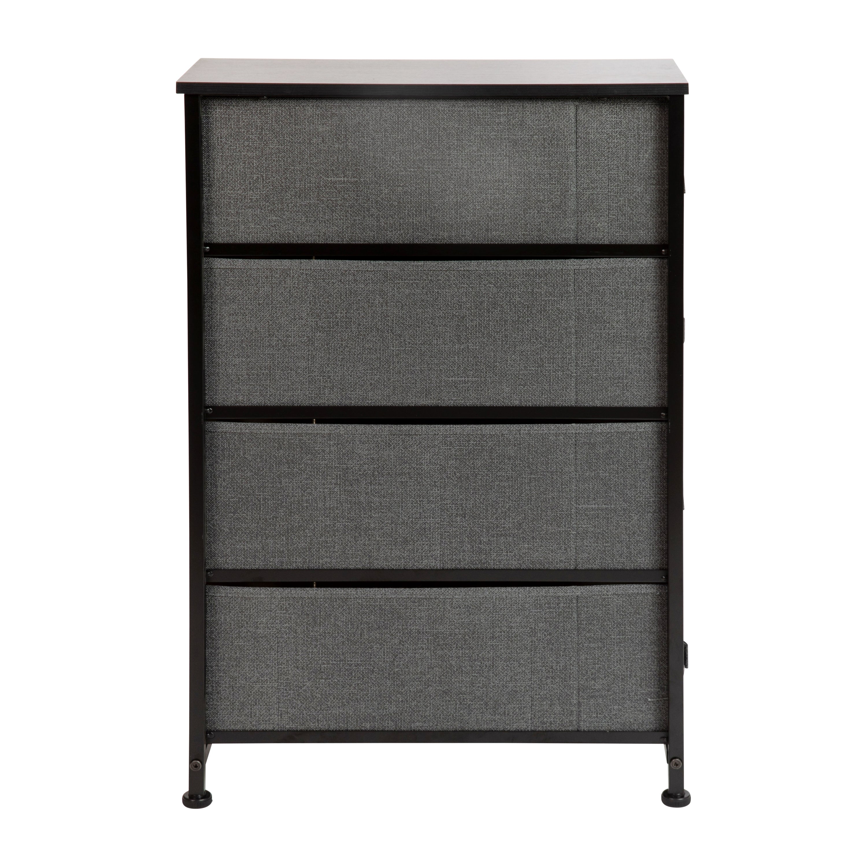 4 Drawer Slim Wood Top Cast Iron Frame Vertical Storage Dresser with Easy Pull Fabric Drawers-Dresser-Flash Furniture-Wall2Wall Furnishings