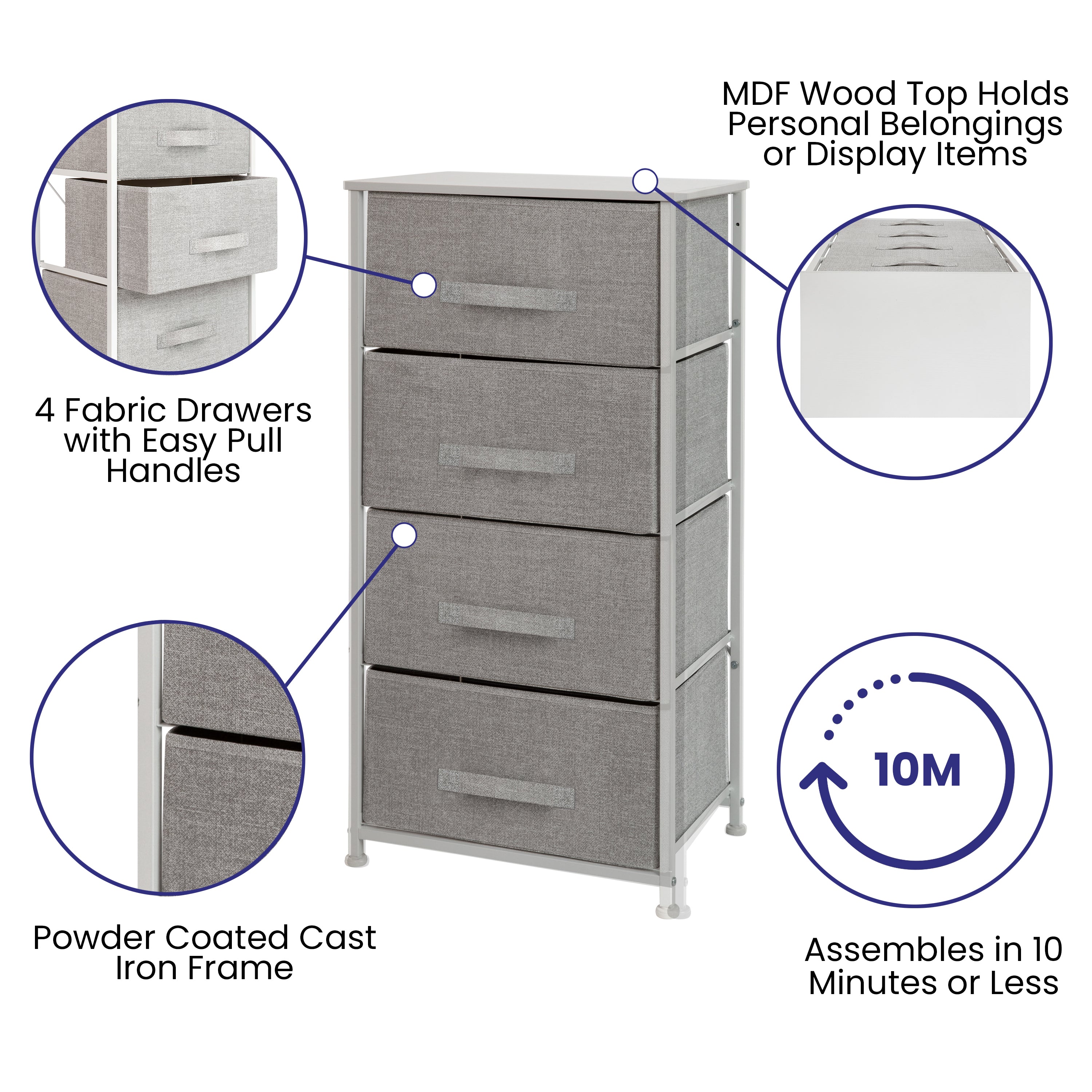 4 Drawer Wood Top Cast Iron Frame Vertical Storage Dresser with Easy Pull Fabric Drawers-Dresser-Flash Furniture-Wall2Wall Furnishings
