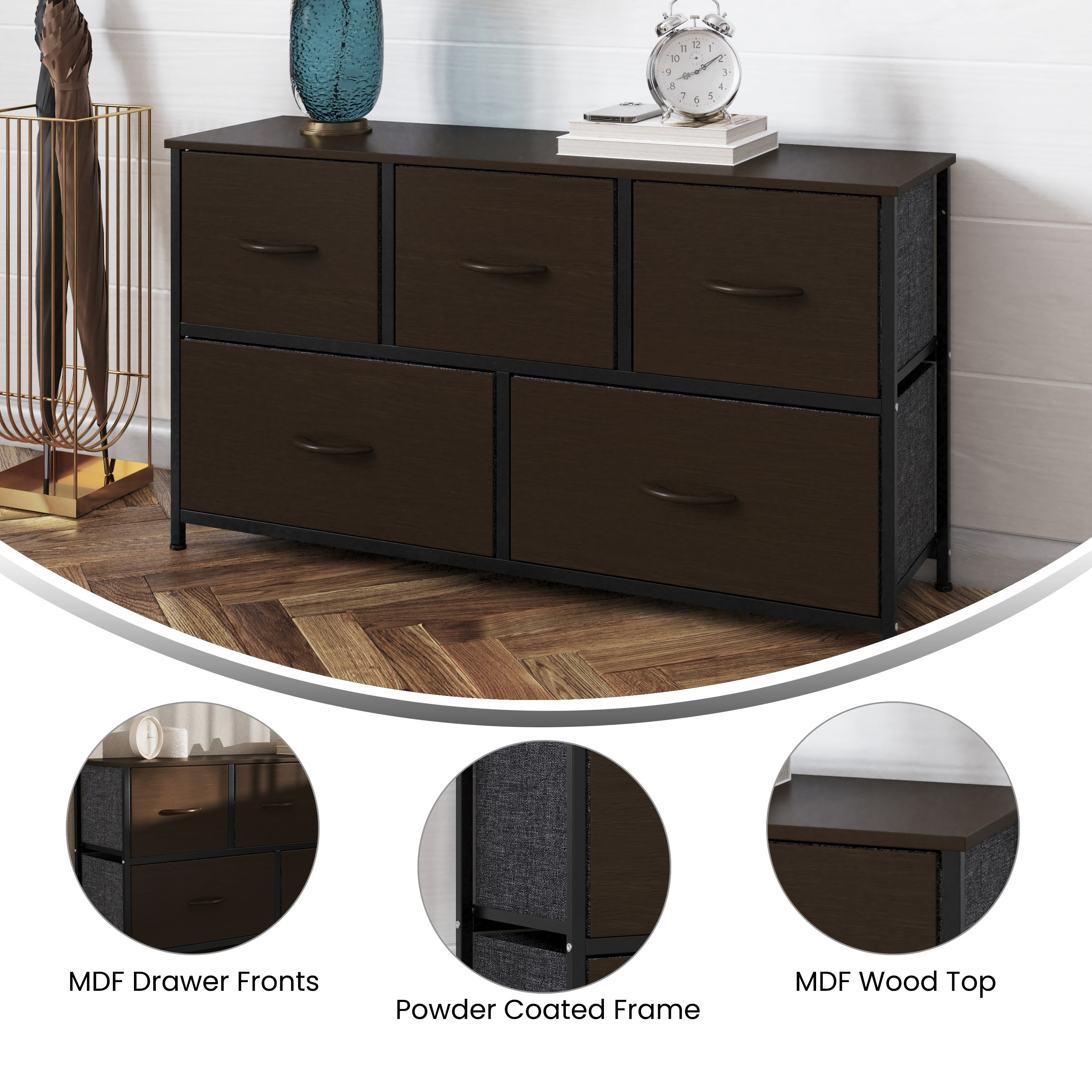 Harris 5 Drawer Vertical Storage Dresser with Cast Iron Frame, Wood Top, and Easy Pull Fabric Drawers with Wooden Handles-Dresser-Flash Furniture-Wall2Wall Furnishings