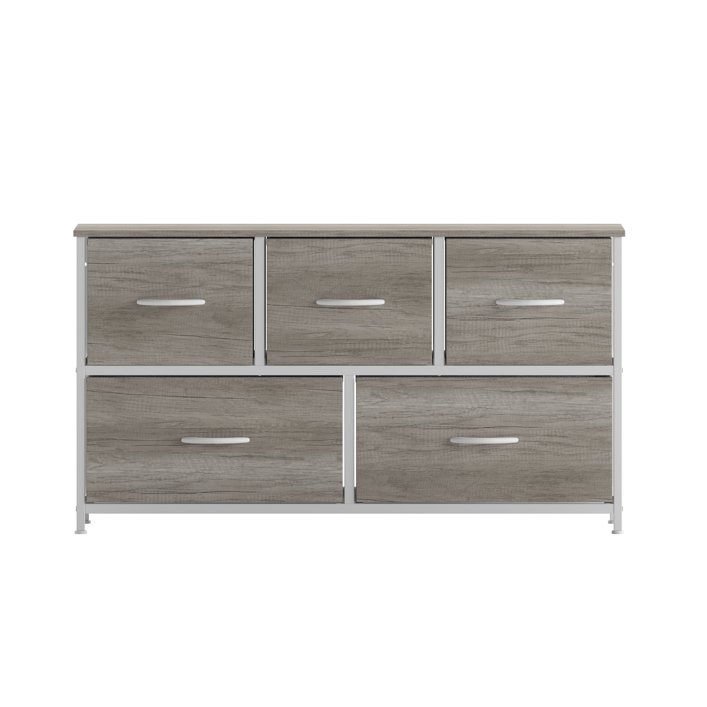 Harris 5 Drawer Vertical Storage Dresser with Cast Iron Frame, Wood Top, and Easy Pull Fabric Drawers with Wooden Handles-Dresser-Flash Furniture-Wall2Wall Furnishings