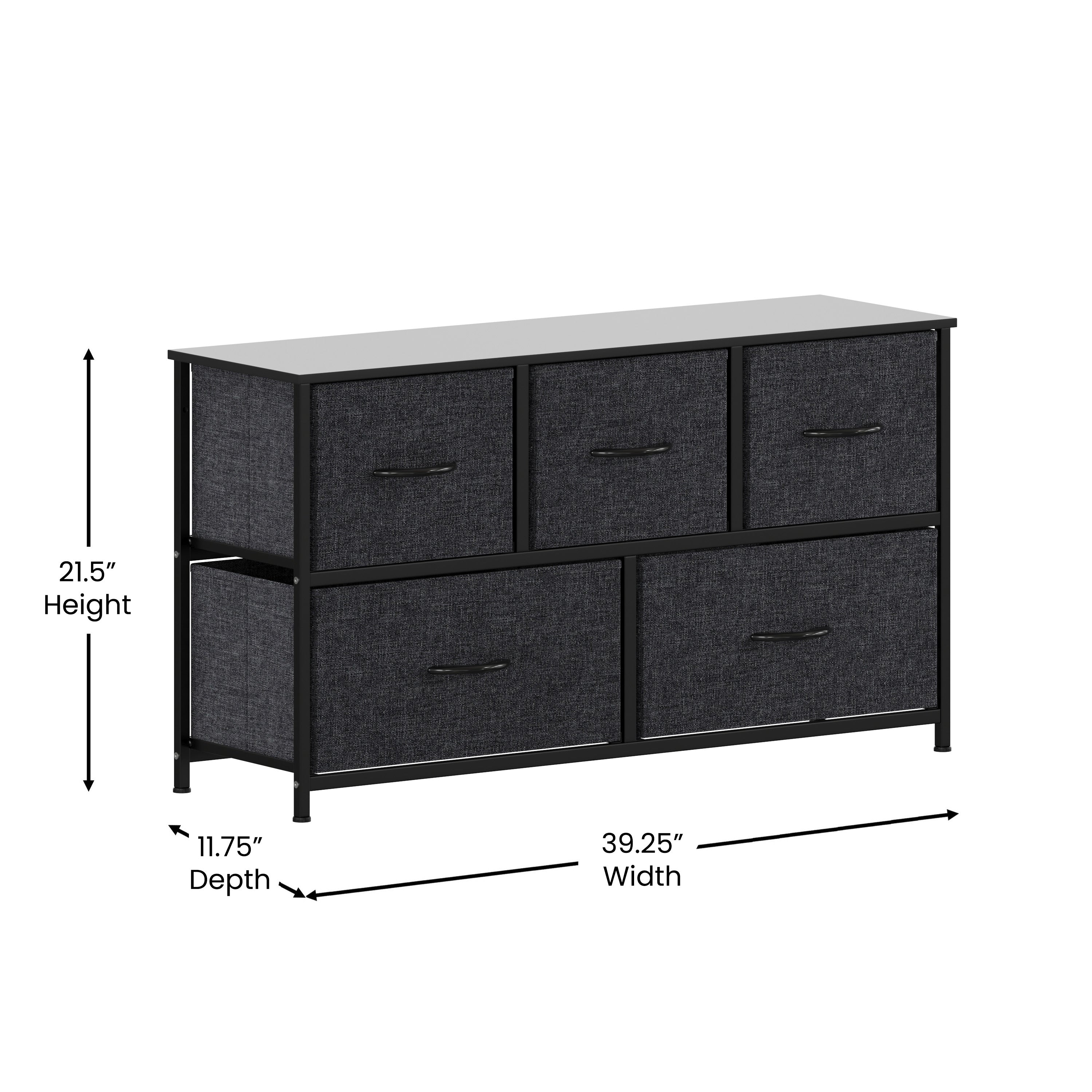 Harris 5 Drawer Vertical Storage Dresser with Cast Iron Frame, Wood Top and Easy Pull Fabric Drawers with Wooden Handles-Dresser-Flash Furniture-Wall2Wall Furnishings