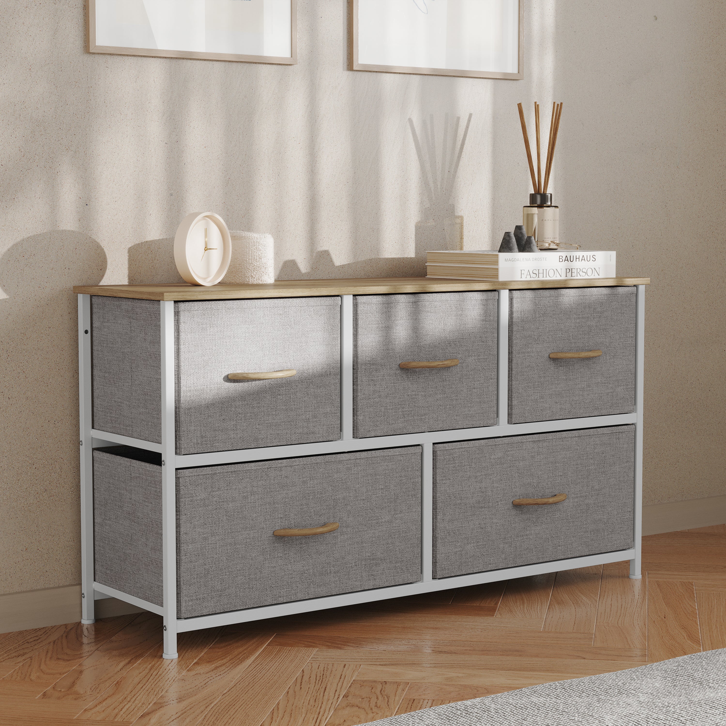 Harris 5 Drawer Vertical Storage Dresser with Cast Iron Frame, Wood Top and Easy Pull Fabric Drawers with Wooden Handles-Dresser-Flash Furniture-Wall2Wall Furnishings