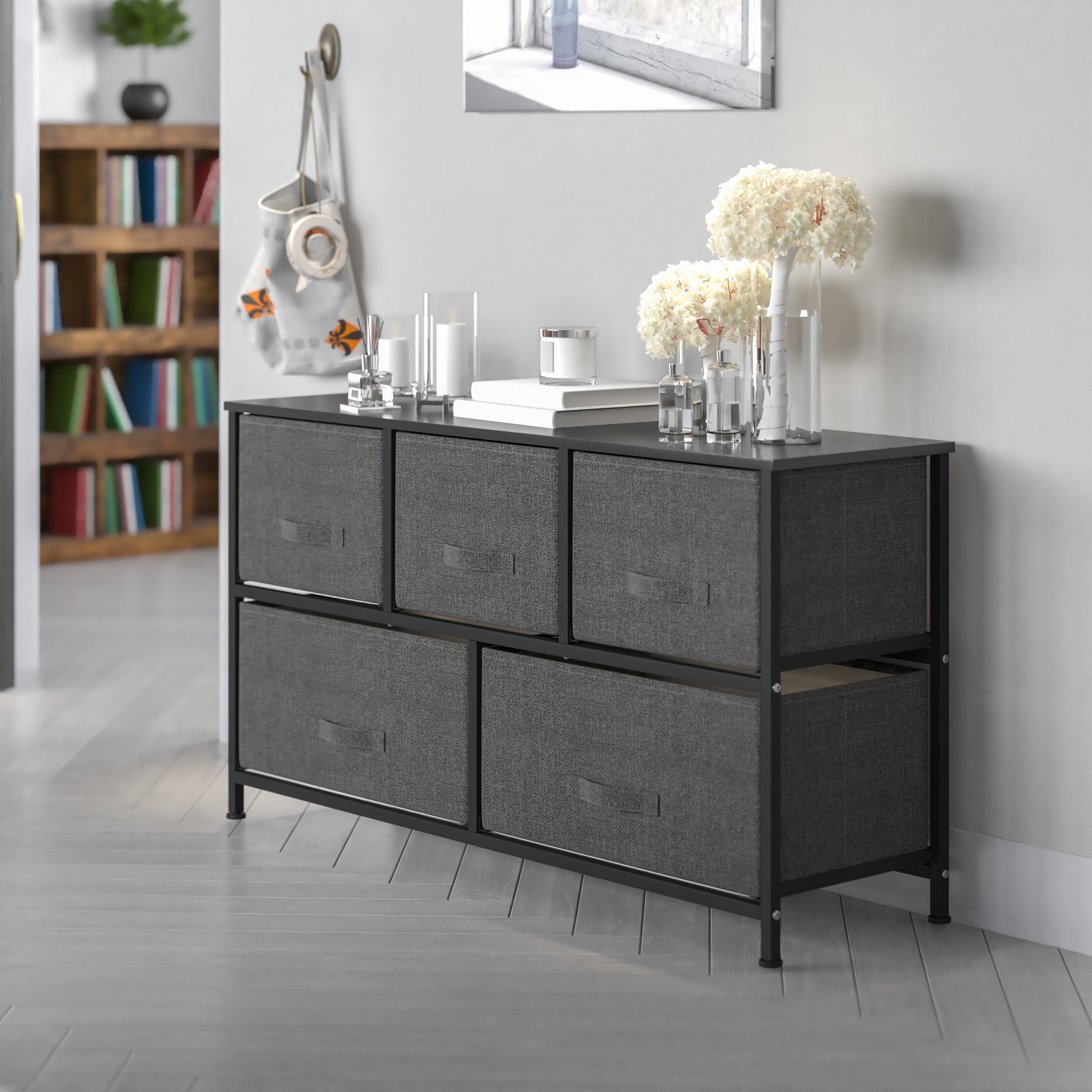 5 Drawer Wood Top Cast Iron Frame Storage Dresser with Easy Pull Fabric Drawers-Dresser-Flash Furniture-Wall2Wall Furnishings