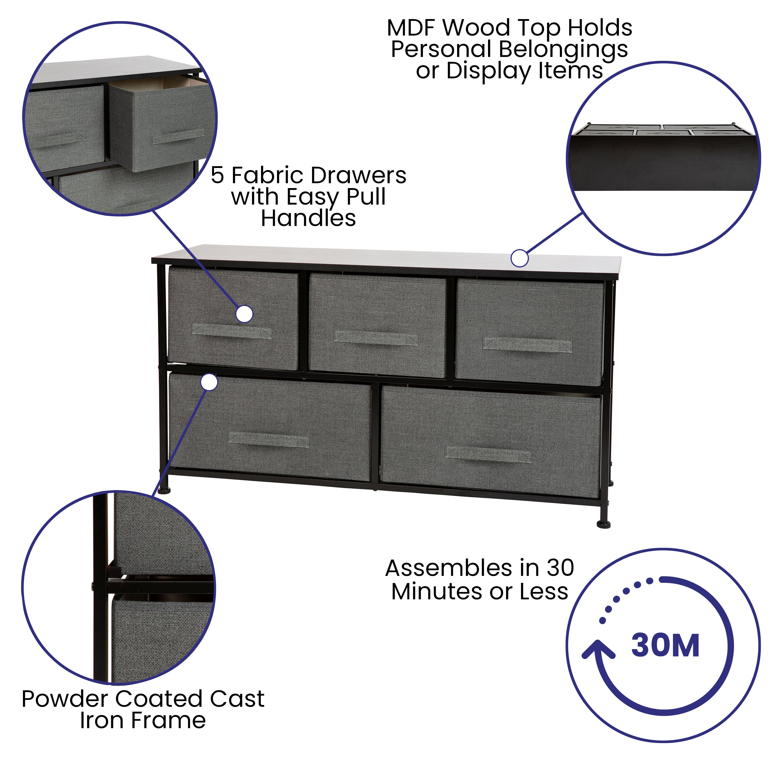 5 Drawer Wood Top Cast Iron Frame Storage Dresser with Easy Pull Fabric Drawers-Dresser-Flash Furniture-Wall2Wall Furnishings
