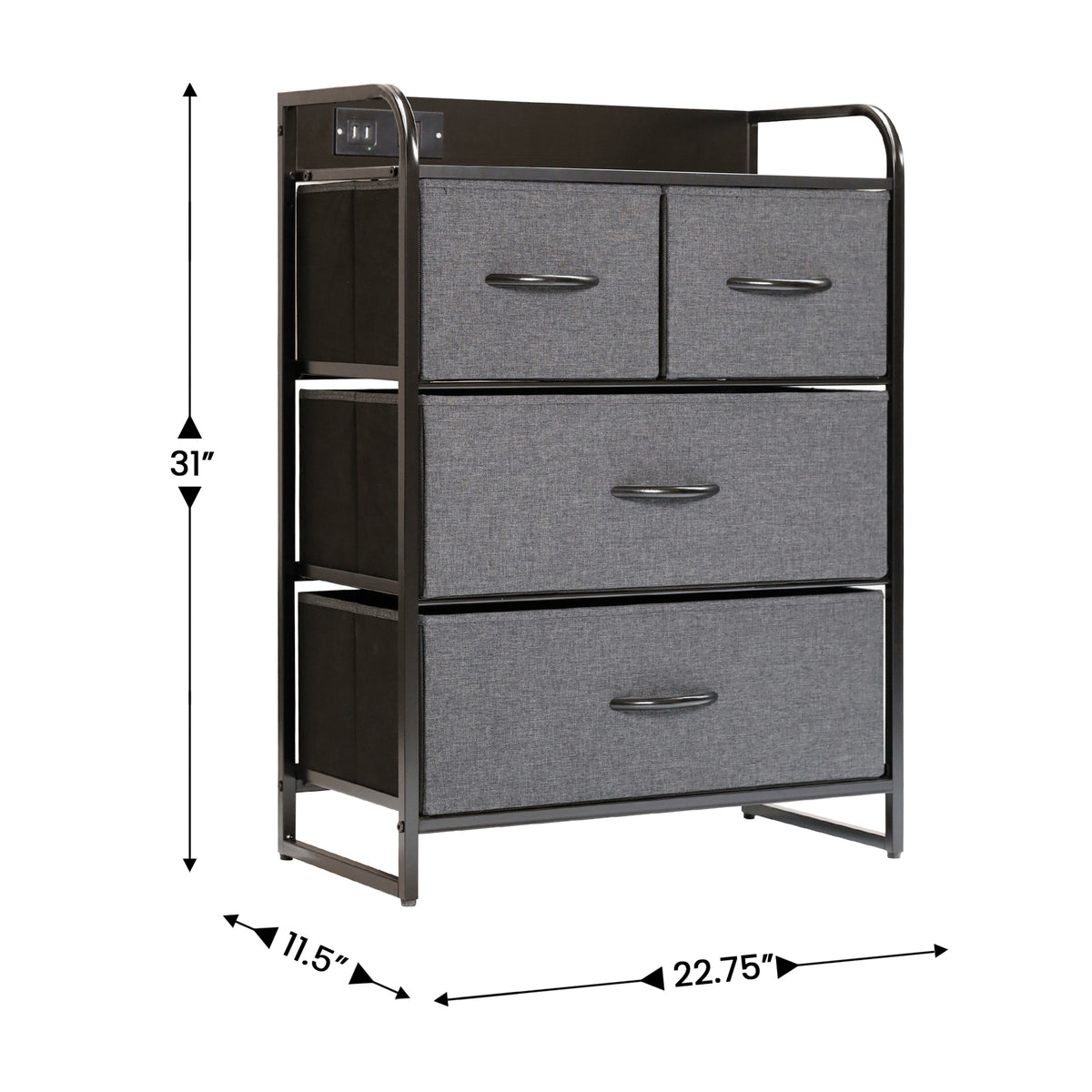Sodano 4 Drawer Nightstand with Charging Station, 2 USB Ports and 1 Outlet, Metal Frame, Engineered Wood Top, Drawers and Handles