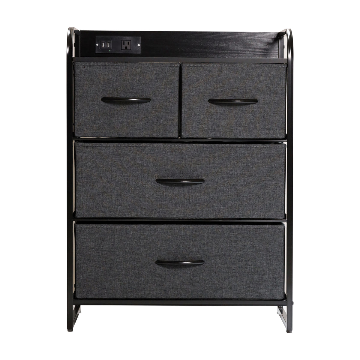 Sodano 4 Drawer Nightstand with Charging Station, 2 USB Ports and 1 Outlet, Metal Frame, Engineered Wood Top, Drawers and Handles