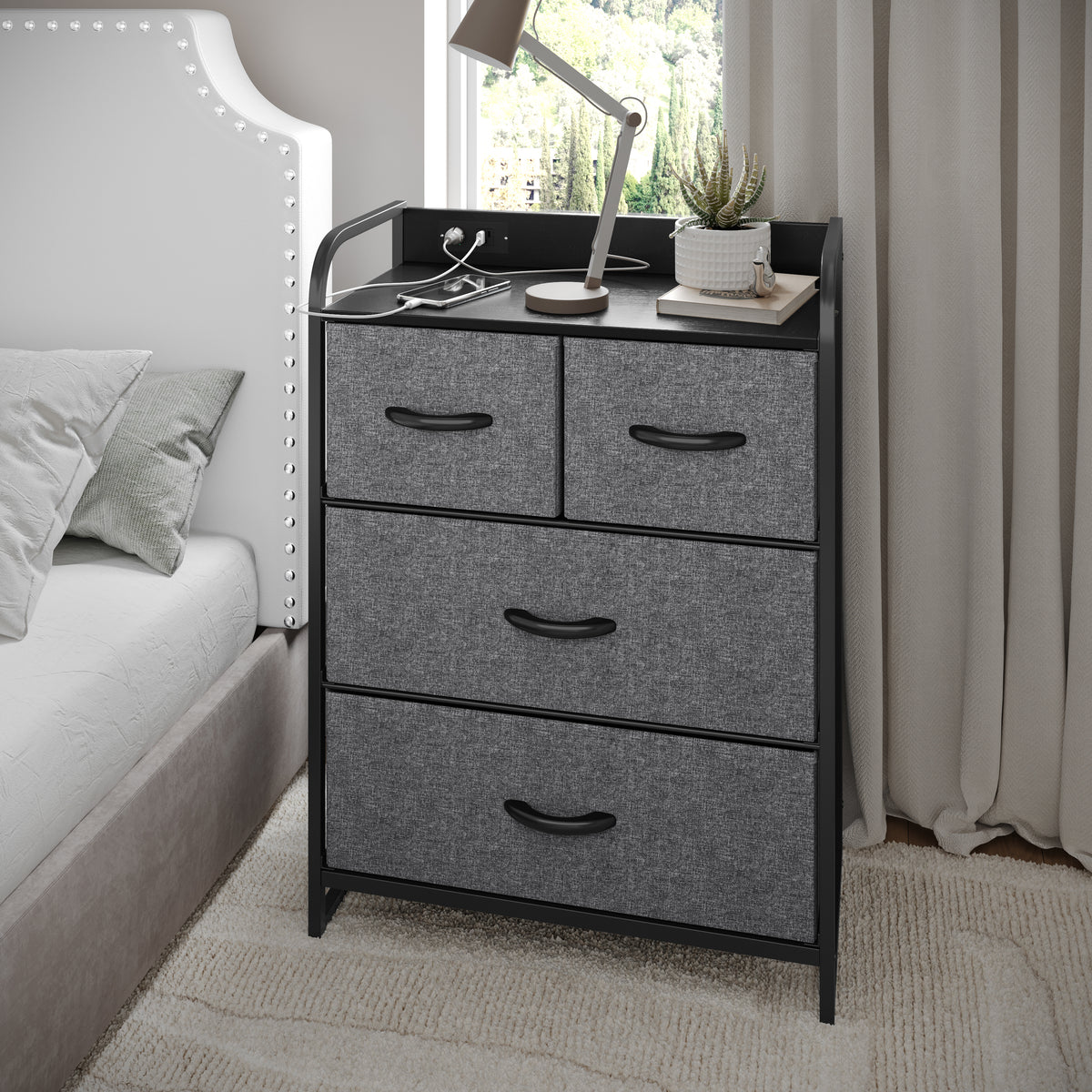 Sodano 4 Drawer Nightstand with Charging Station, 2 USB Ports and 1 Outlet, Metal Frame, Engineered Wood Top, Drawers and Handles
