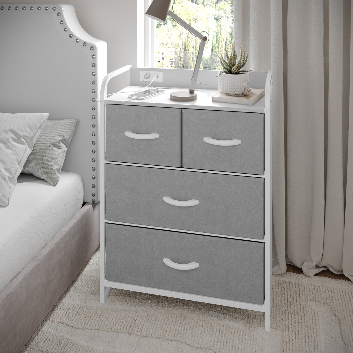 Sodano 4 Drawer Nightstand with Charging Station, 2 USB Ports and 1 Outlet, Metal Frame, Engineered Wood Top, Drawers and Handles