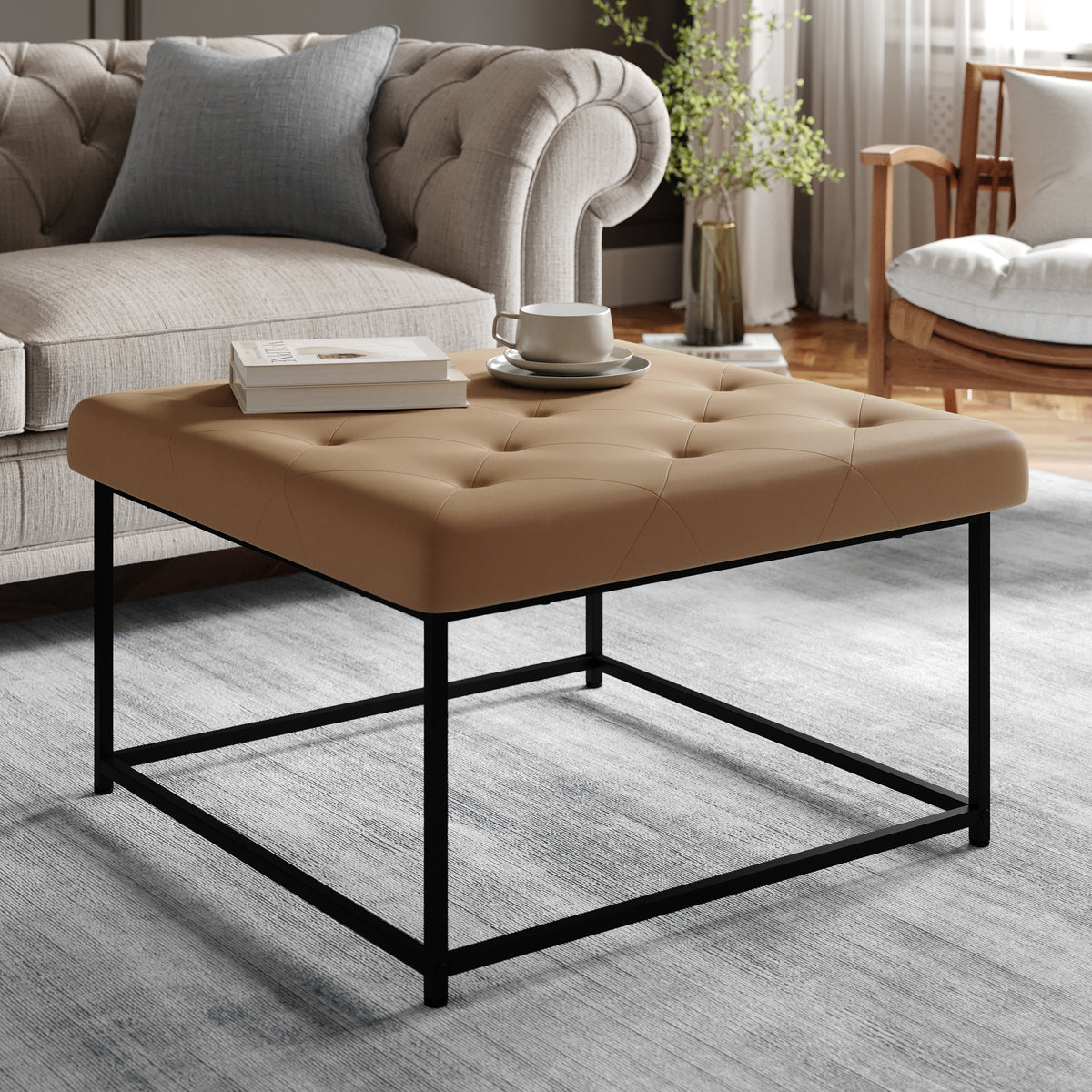 Ashton 30" Square Upholstered Tufted Ottoman with Metal Frame