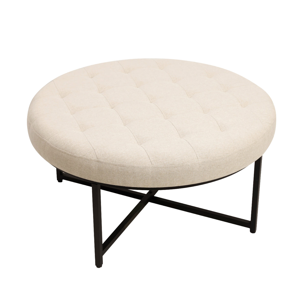 Ashton 34" Round Cotton Linen Tufted Ottoman with Metal Frame