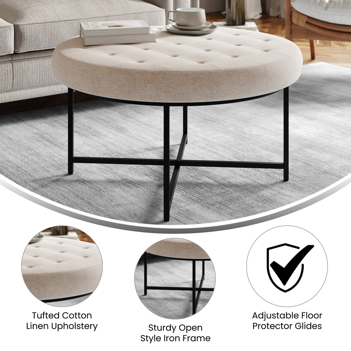 Ashton 34" Round Cotton Linen Tufted Ottoman with Metal Frame
