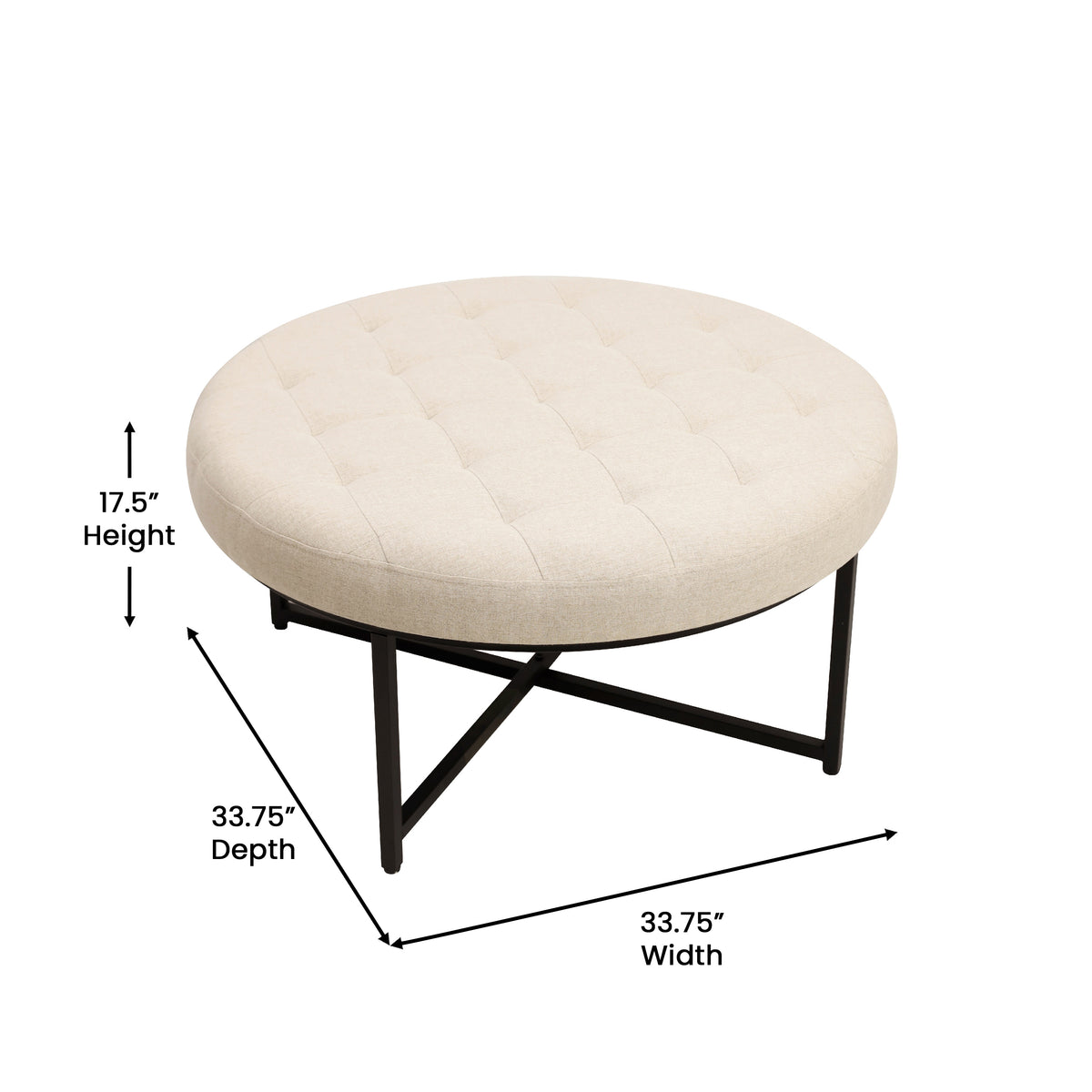 Ashton 34" Round Cotton Linen Tufted Ottoman with Metal Frame