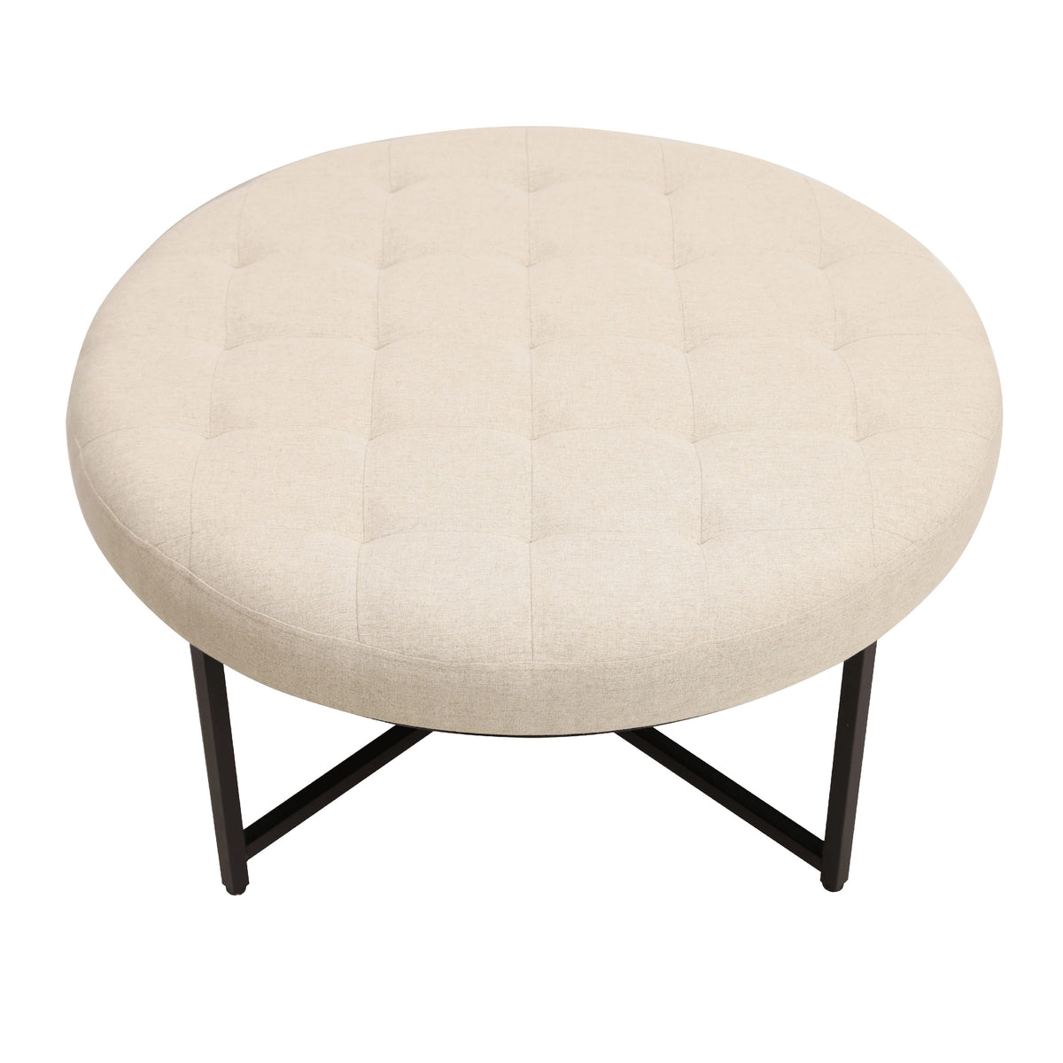 Ashton 34" Round Cotton Linen Tufted Ottoman with Metal Frame