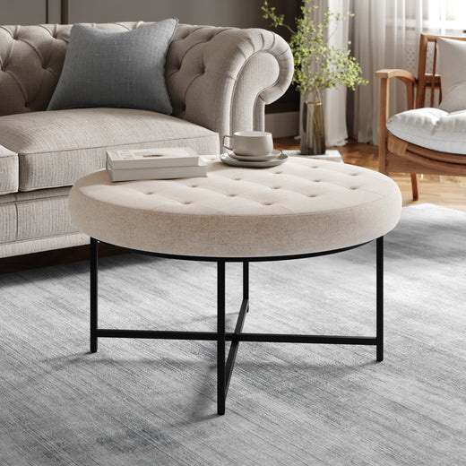 Ashton 34" Round Cotton Linen Tufted Ottoman with Metal Frame